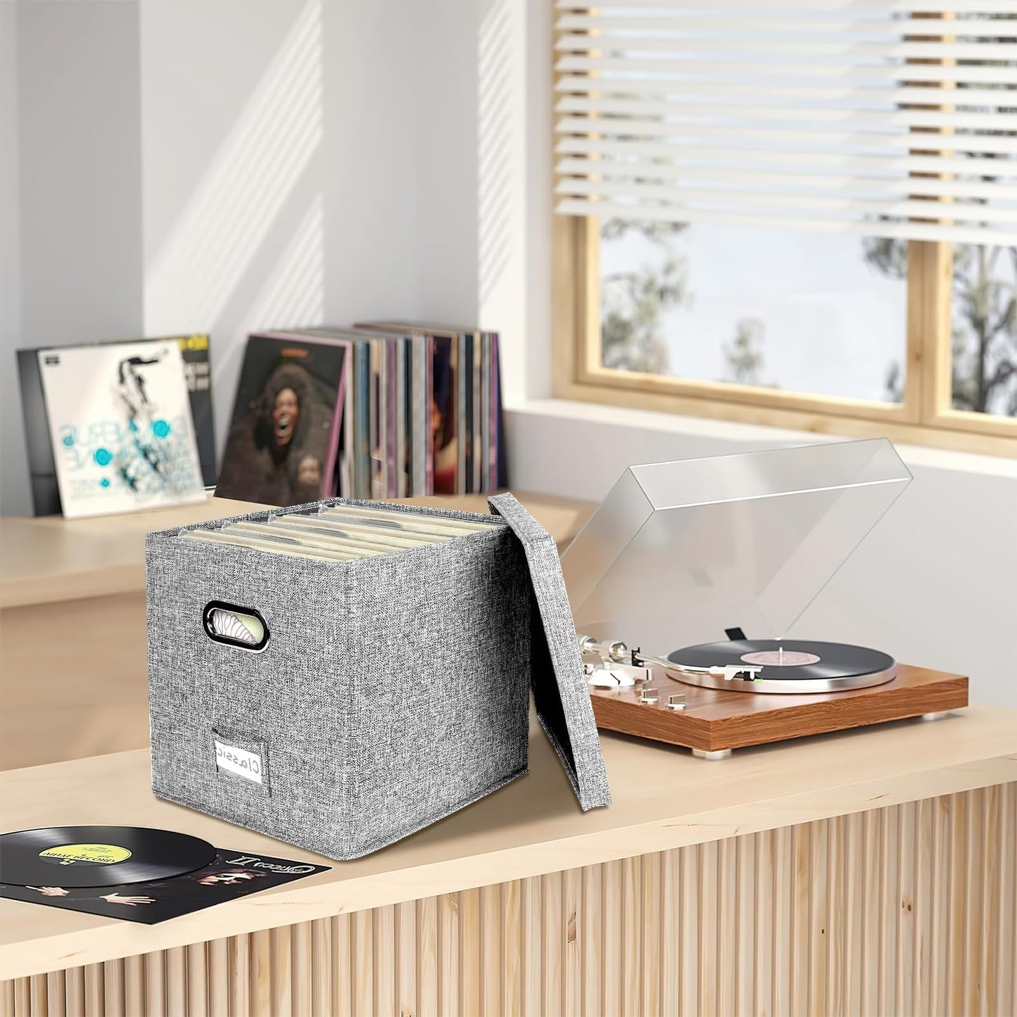 4 PCS 12-inch Vinyl Record Storage Box,Folding LP Case with Lid & Handle