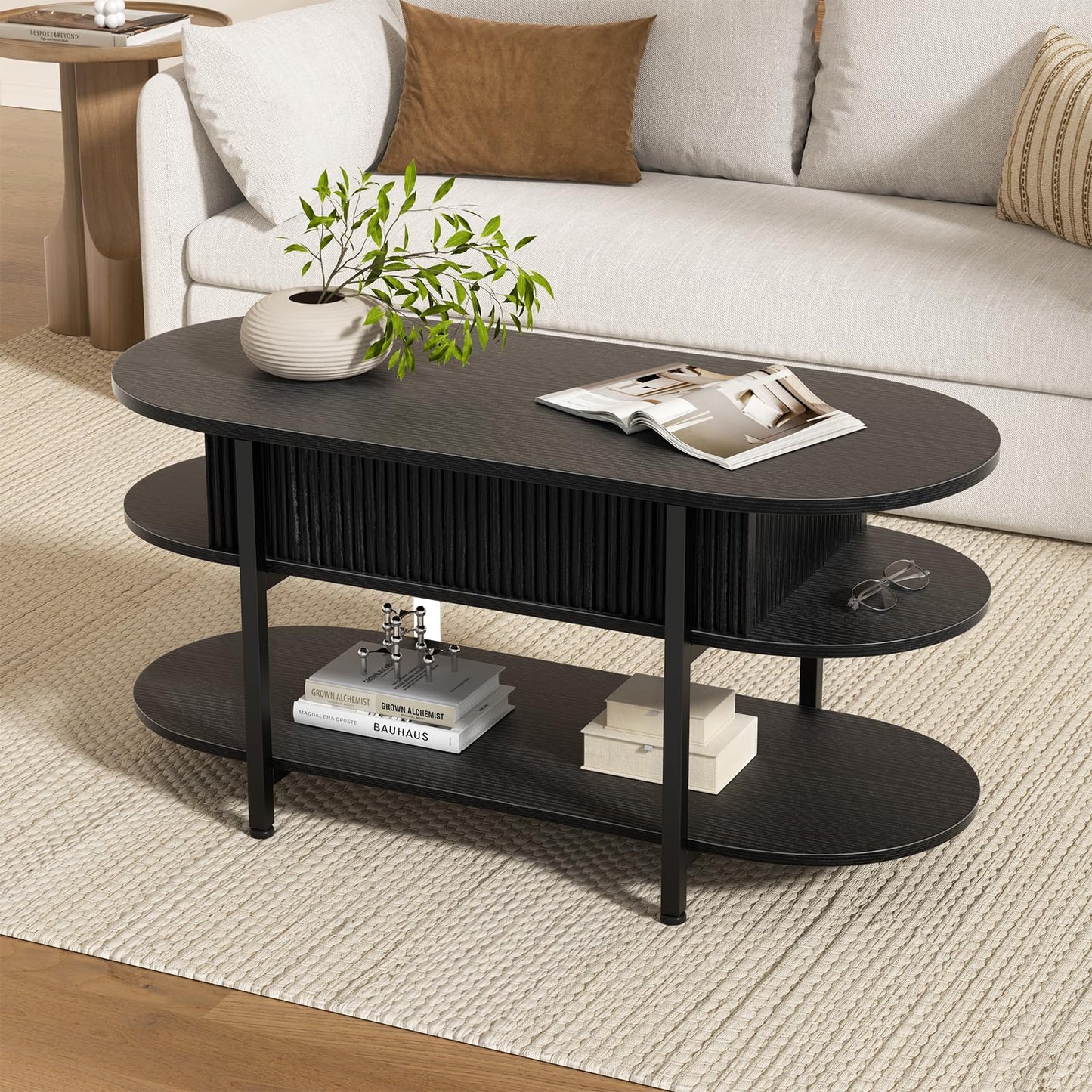 Mossora 106cm Oval Fluted Lift Top Coffee Table with Hidden Storage, Black