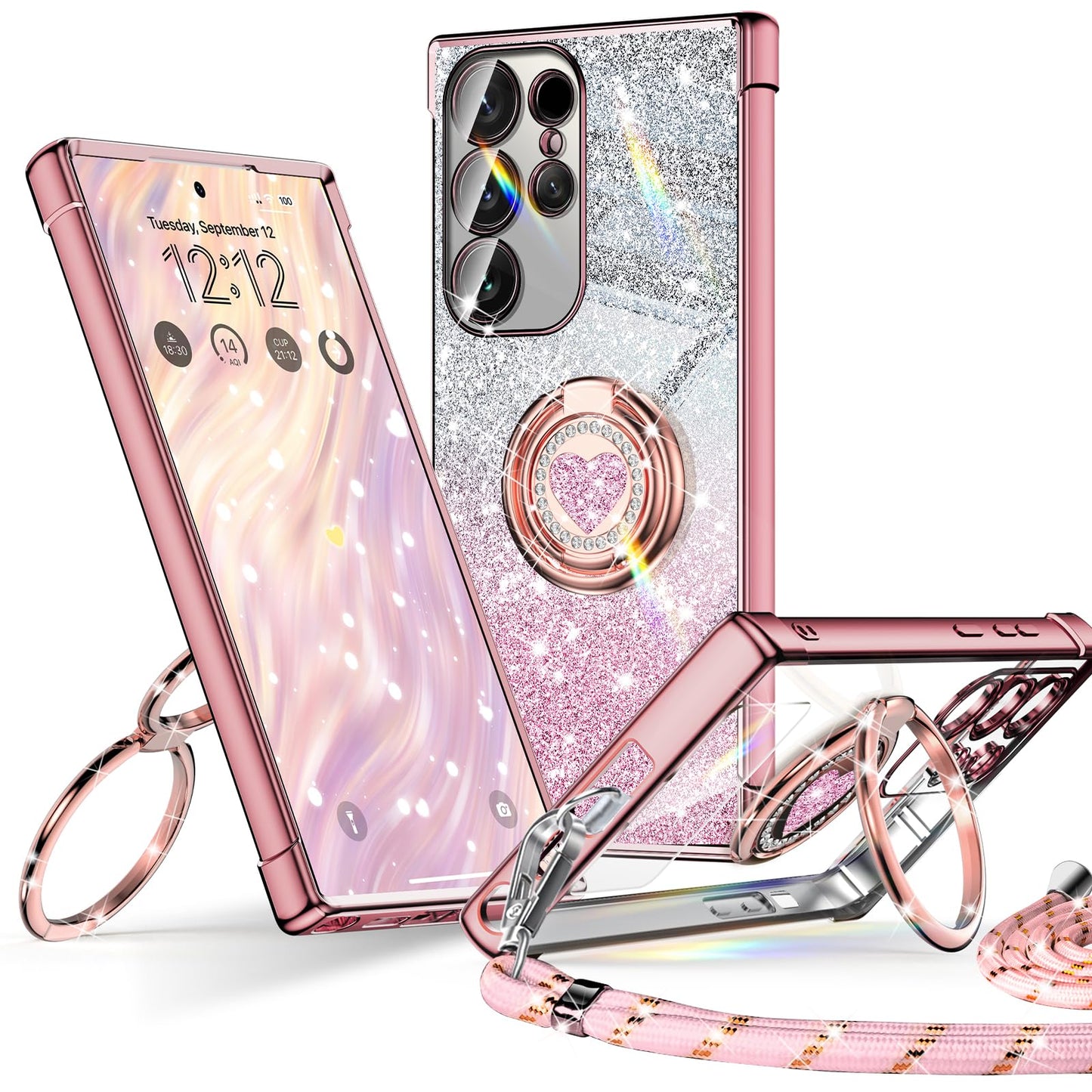 XYZ for Samsung Galaxy S25 Ultra Case with Stand, Cute Luxury Love Heart with Lanyard for Women Girls, Double Ring Bling Glitter Clear Protective
