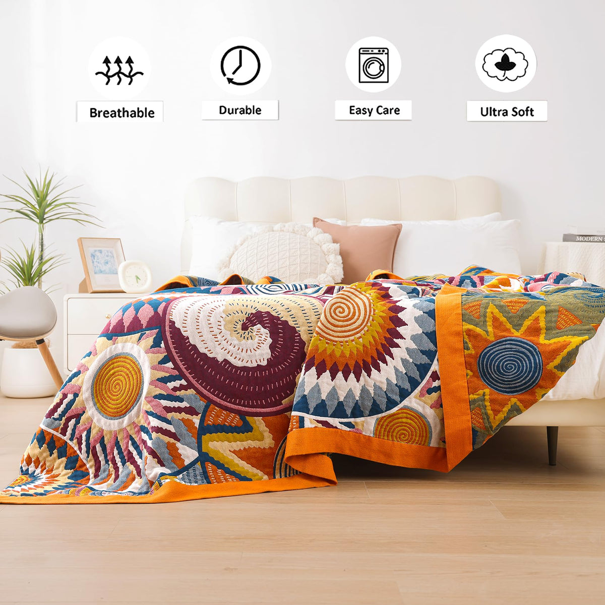 VANJOROY Double-sided Bohemian Sofa Large Throw Blanket for 2 or 3 Seater Settees, 100% Pure Organic Cotton Boho Throw for Armchair, Sofa and Bed