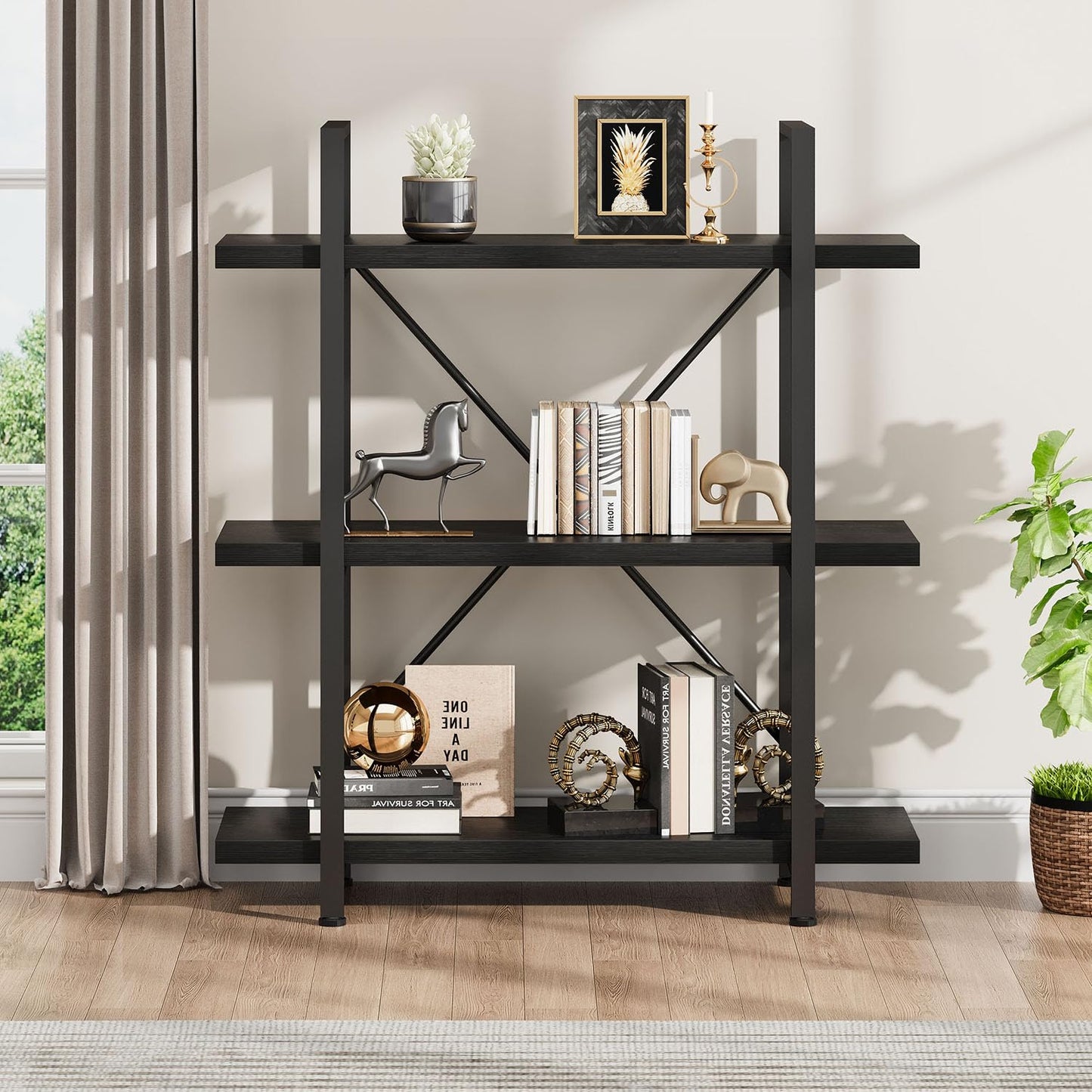 HSH 3 Tier BookShelf Farmhouse Storage Bookcases Modern Shelf Black Oak