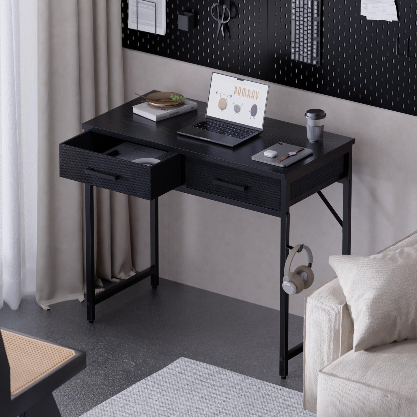 PAMRAY 80cm Small Computer Desk with 2 Drawers for Bedroom Study Writing Home Office Table for Small Spaces Black