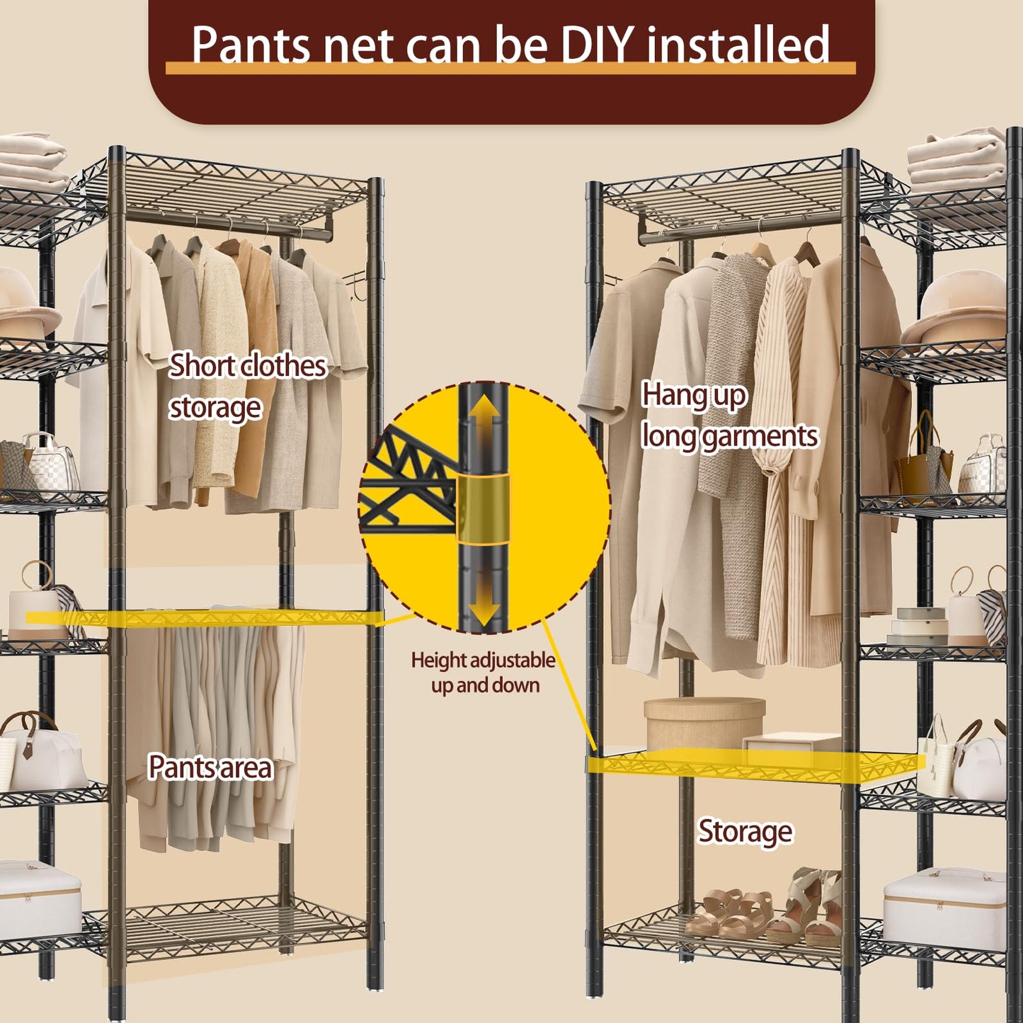 AQRA Metal Open Wardrobe, Heavy Duty Clothes Rail, 4 Assembly Ways, Black