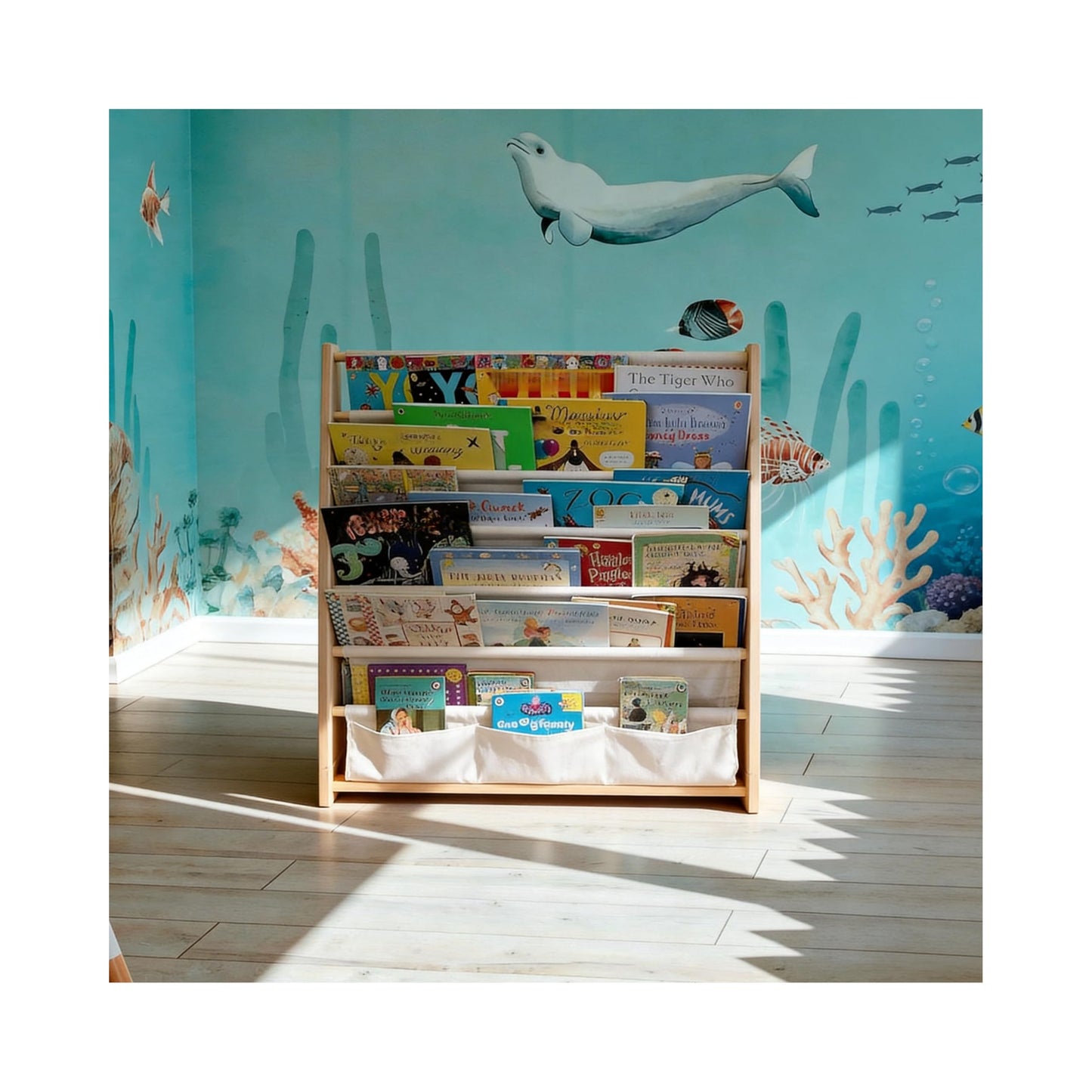 NCEDNㅤ Upgraded 7-Tier Kids' Bookshelf - Wooden Children’s Bookcase Storage Rack with Sling Pockets, Easy Access Book Display Shelf for Toddler