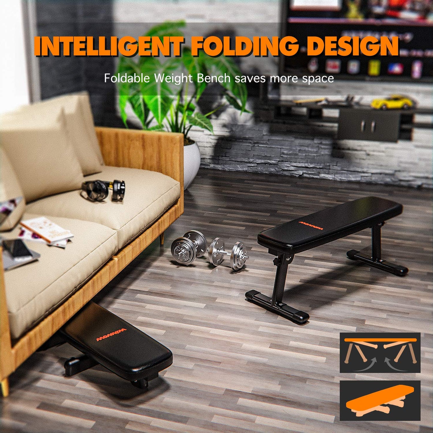 WINNOW Weight Bench Folding Workout Bench with Carrying Handle Flat Home Training Multiuse Fitness Bench