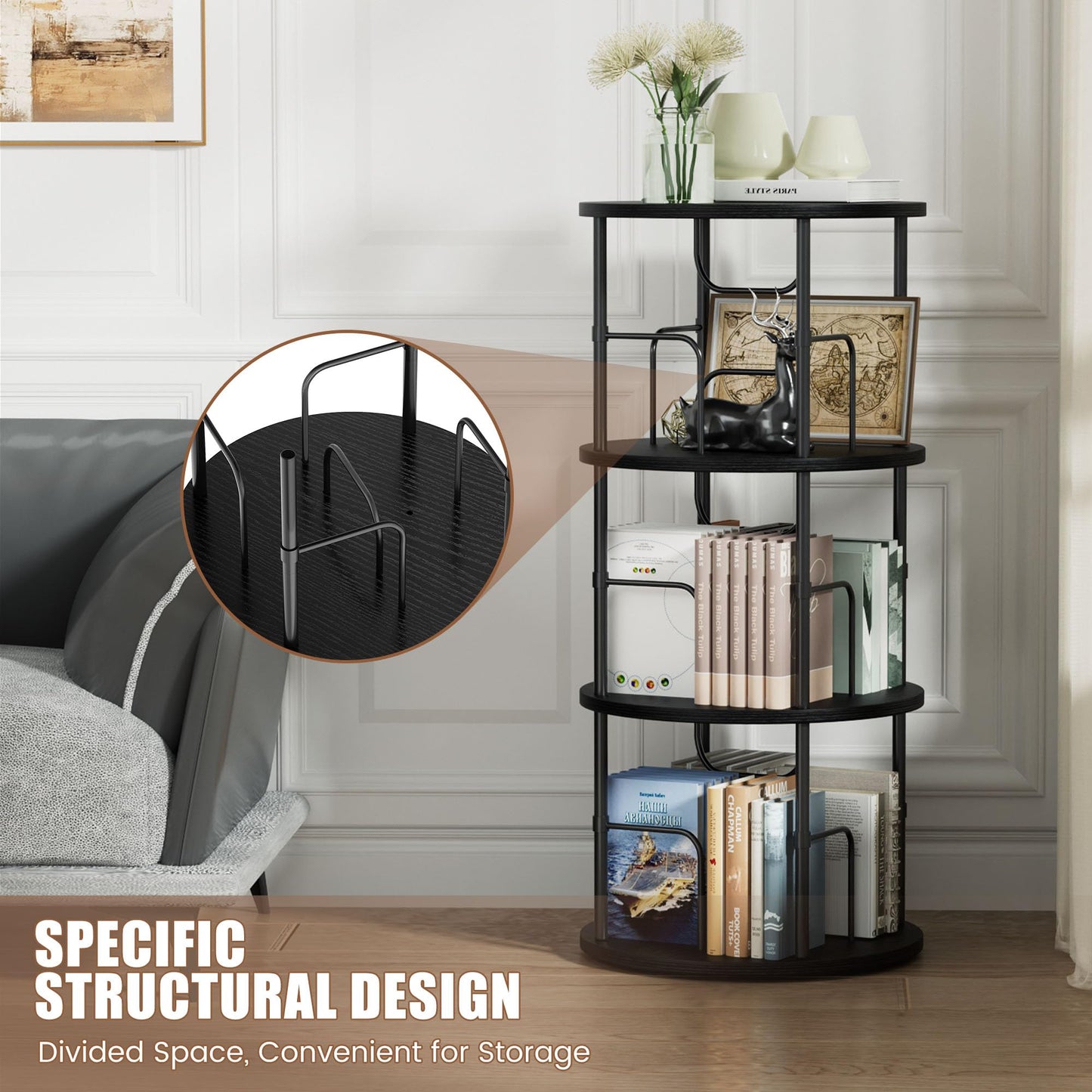 OCTORO 3 Tier Rotating Bookshelf, 360° Corner Bookshelf Tower, Round Revolving Bookcase with Adjustable Levels, Spinning Book Shelf for Home Office