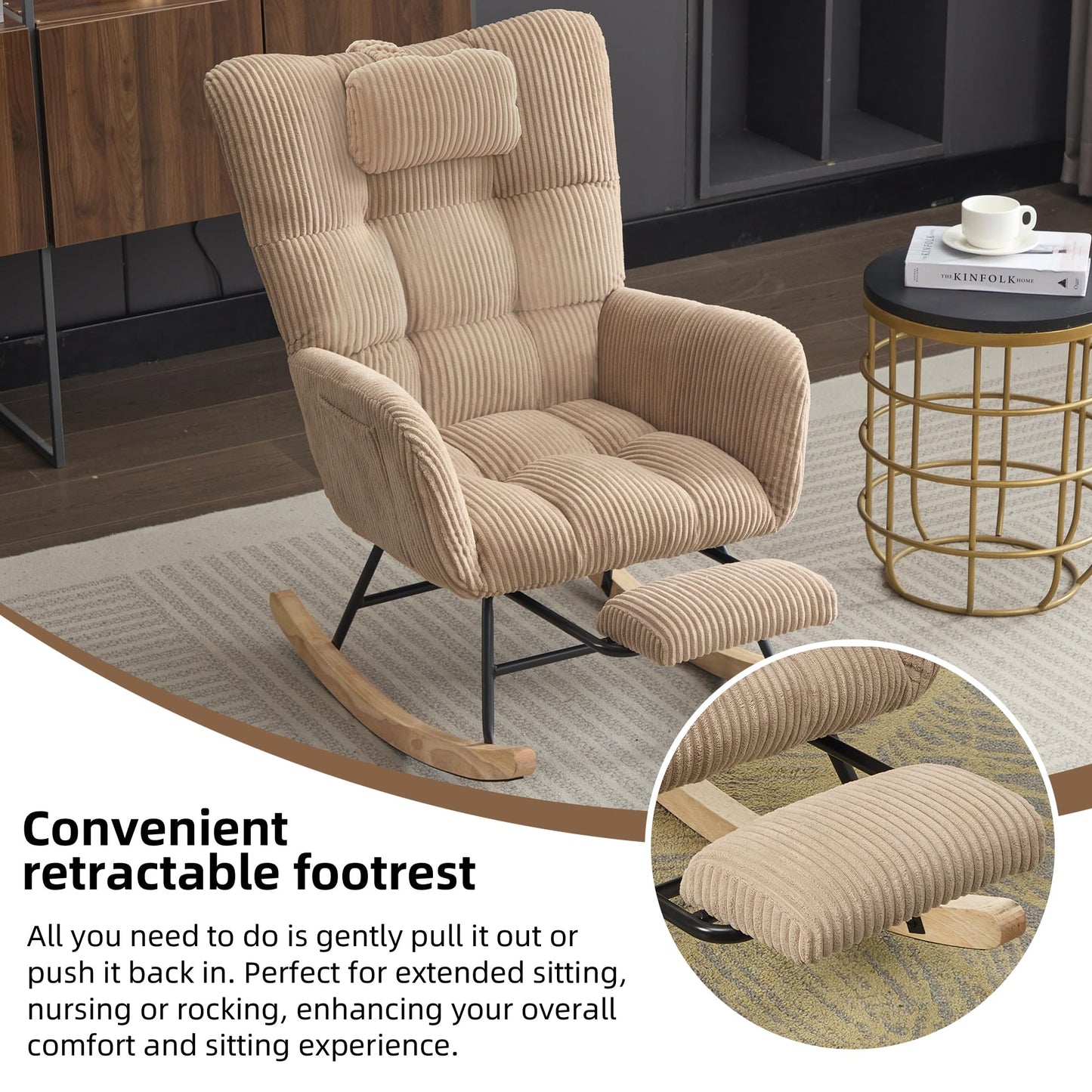 ModernLuxe Rocking Chair Fabric Lounge Armchair with Wooden Rocker Legs,Adjustable Footrest & Headrest, Side Pocket Storage, High Backrest – Brown