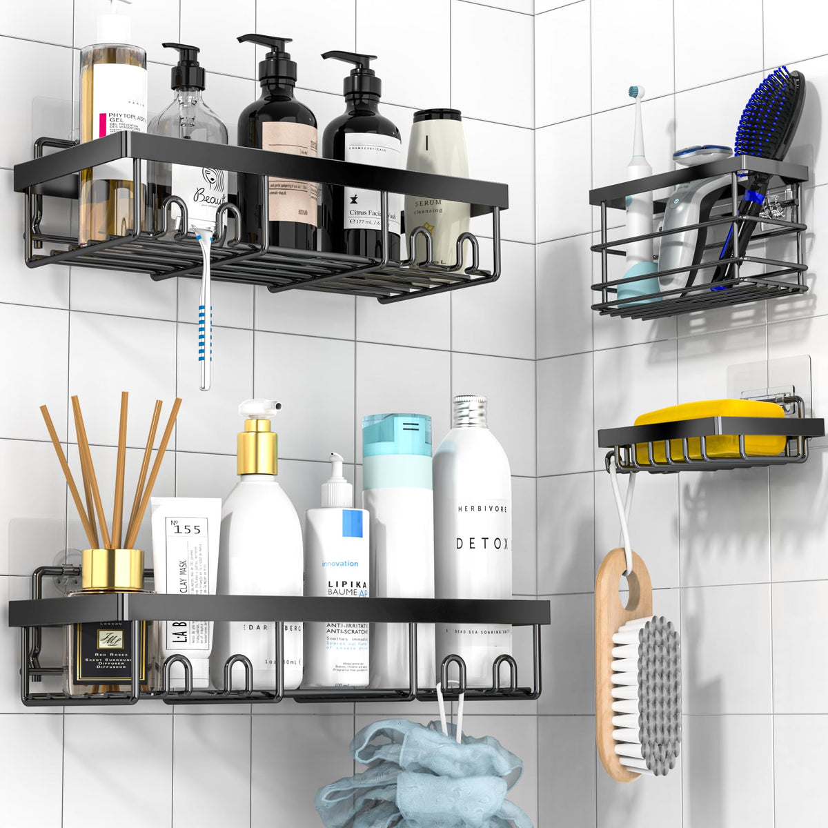 DIFULI Shower Caddy 4 Pack with Soap Holder, Shower Shelf No Drilling with Toothbrush holder, Bathroom Organiser Rack, Shampoo Holder for Shower,