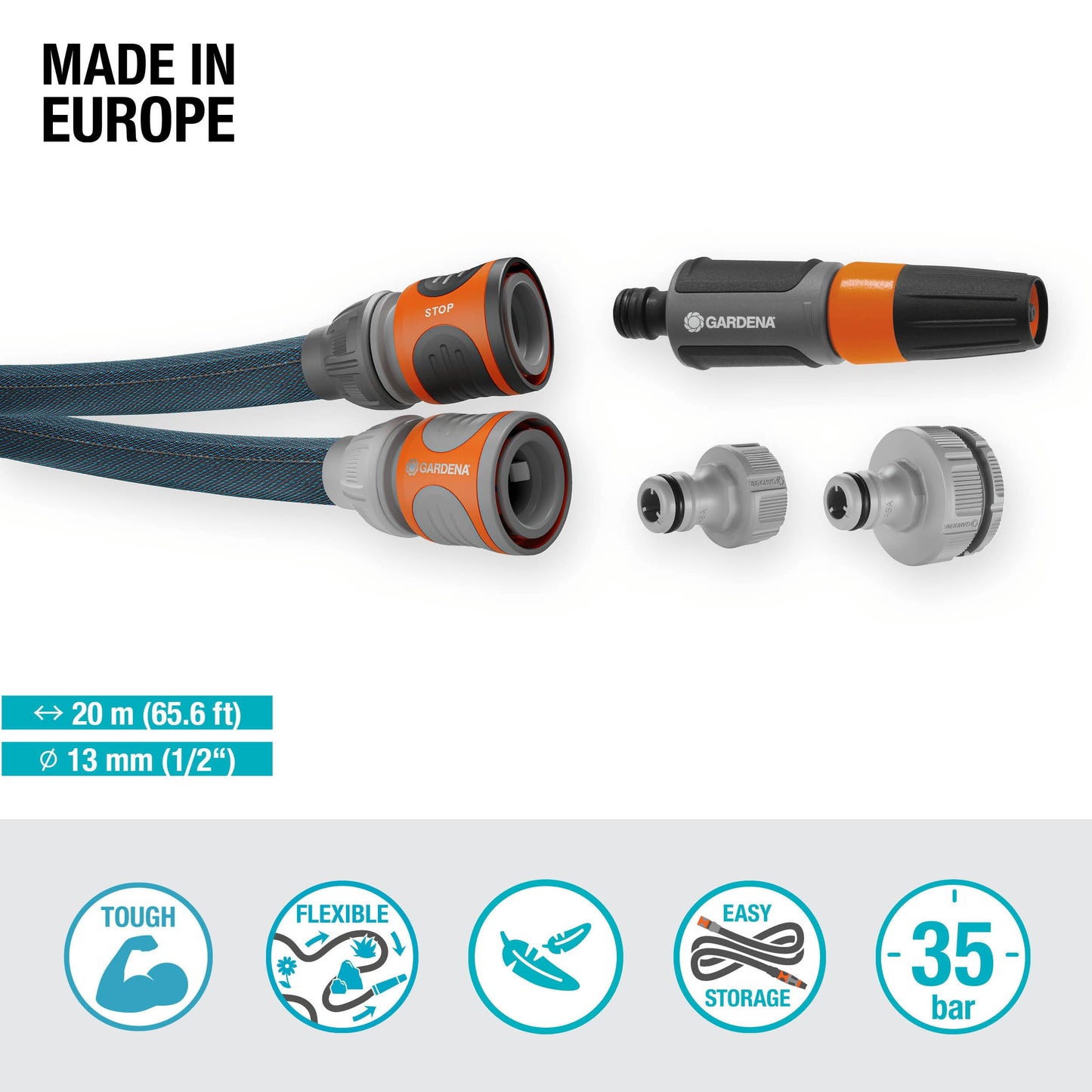 Gardena Liano Xtreme 1/2 inch, 20m set: Extremely robust textile garden hose, for indoor water taps, with PVC inner tube, lightweight,