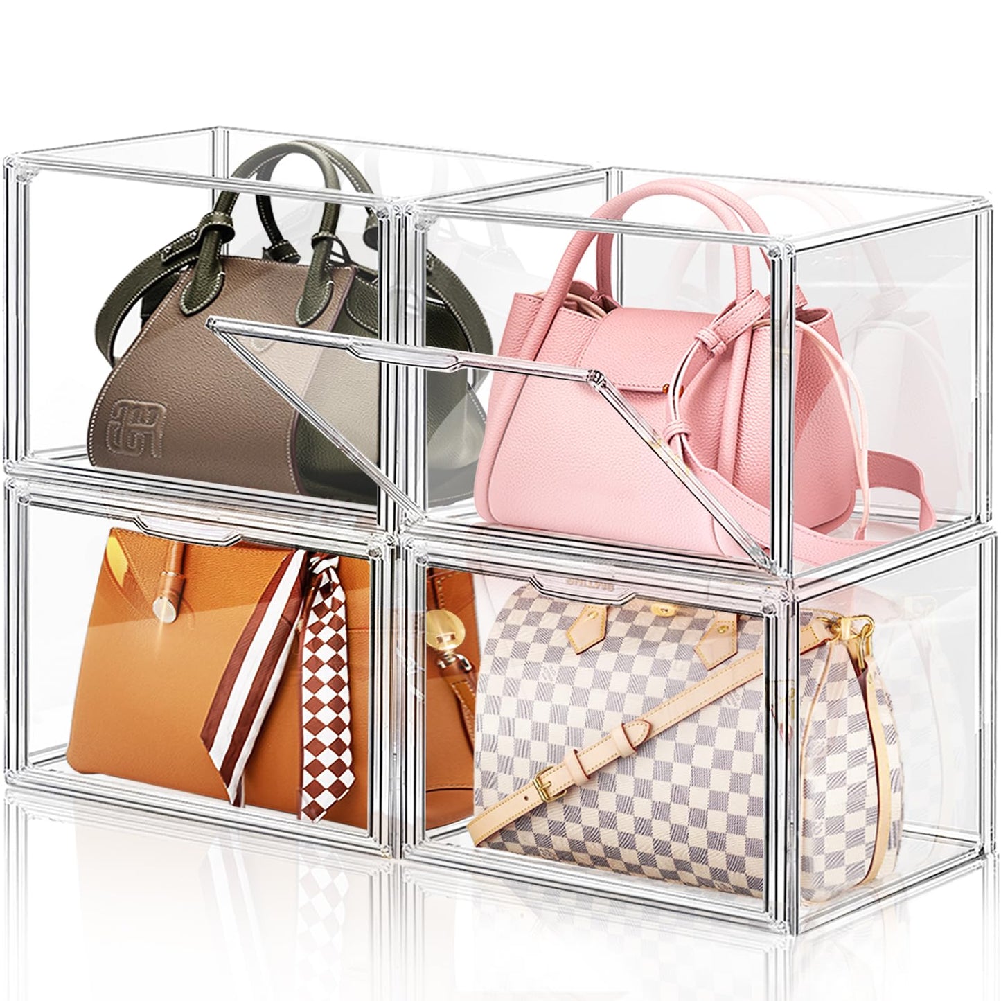 LINYAPRY 4 Packs Clear Plastic Handbag Storage Organizer for Closet, Large Acrylic Display Box for Handbag, Stackable Storage Boxes Bag Organizer with