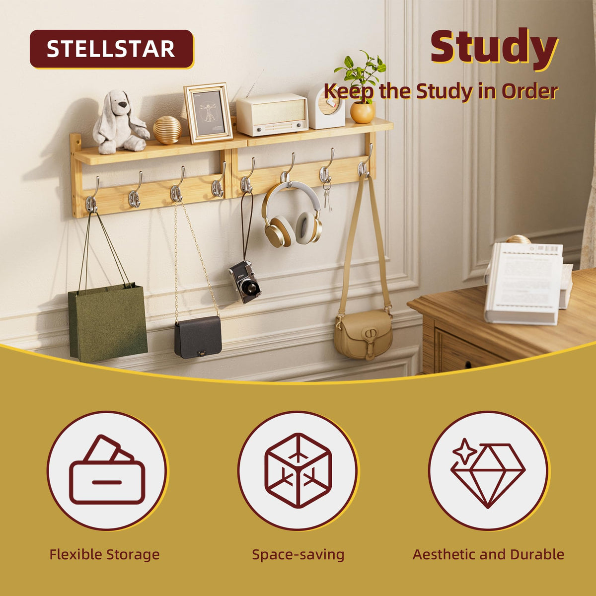 STELLSTAR Coat Rack with Shelf, 2 Pack Bamboo Wall-Mounted Coat Hanger with 8 Hooks for Entryway, Hallway, Kitchen, Bathroom, Living Room