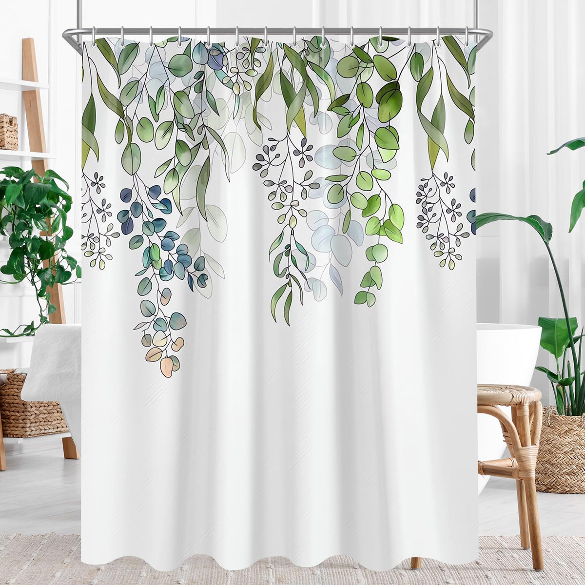 Lerores Shower Curtain 120 x 200 cm, Green Leaves Anti-Mould Textile, Weighted Hem, Water-Repellent, Washable Polyester Fabric Bath Curtains with