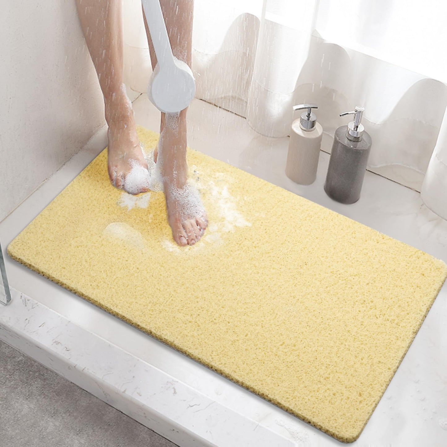 HITSLAM Non Slip Mat, 60 x 40 CM Bath Mat with Drain, Soft PVC Loofah Shower Mat for Tub, Quick Drying Shower Mat for Bathroom, Beige