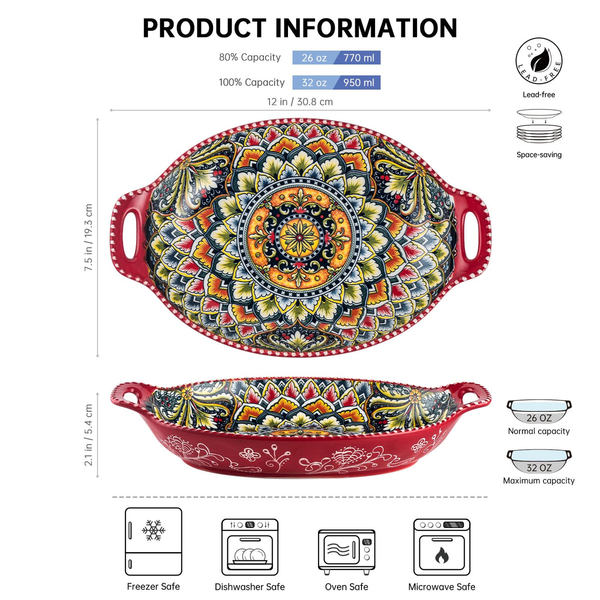 Henten Home Salad Bowl Set of 4, Porcelain Large Pasta Bowl/Fruit Bowls with Handles - 32 OZ, Vibrant Colour Large Bohemian Bowls Serving Dishes for
