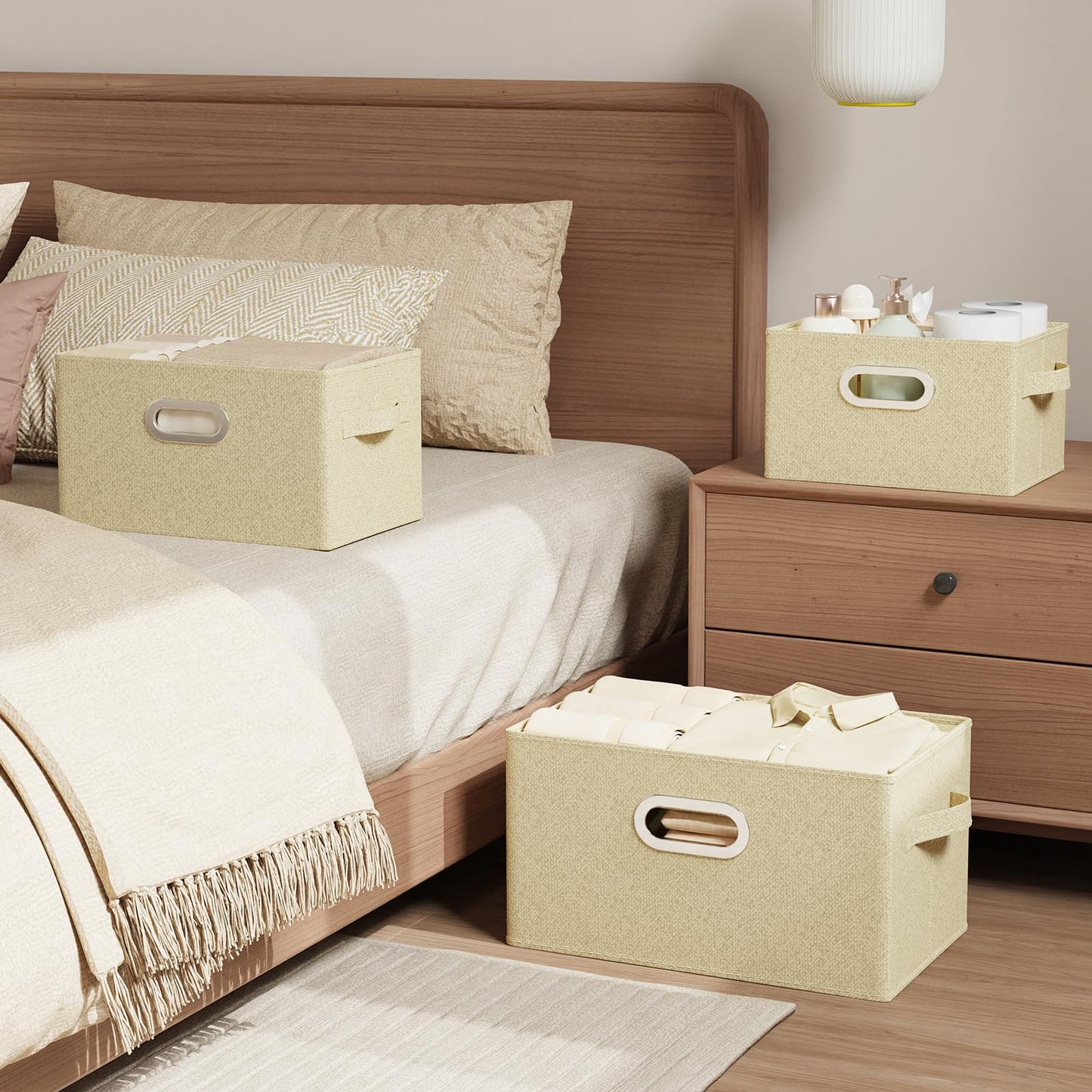 ENUMAIL Storage Bins with Metal Grips,Grey and Beige,26x20x17cm,4 Pack
