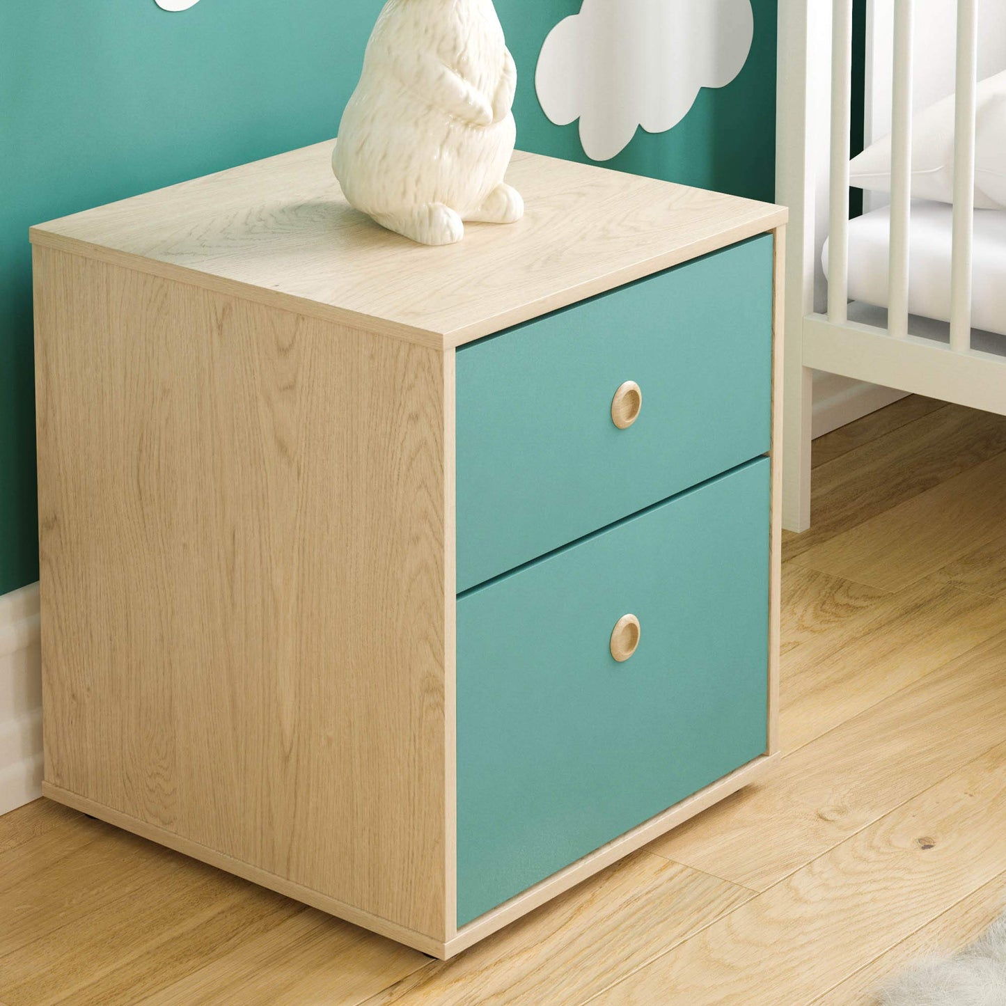 Junior Vida Neptune 2 Drawer Bedside Table Cabinet Chest of Drawers Bedroom Storage Children's Kids Furniture, Set of 2 (Blue & Oak)