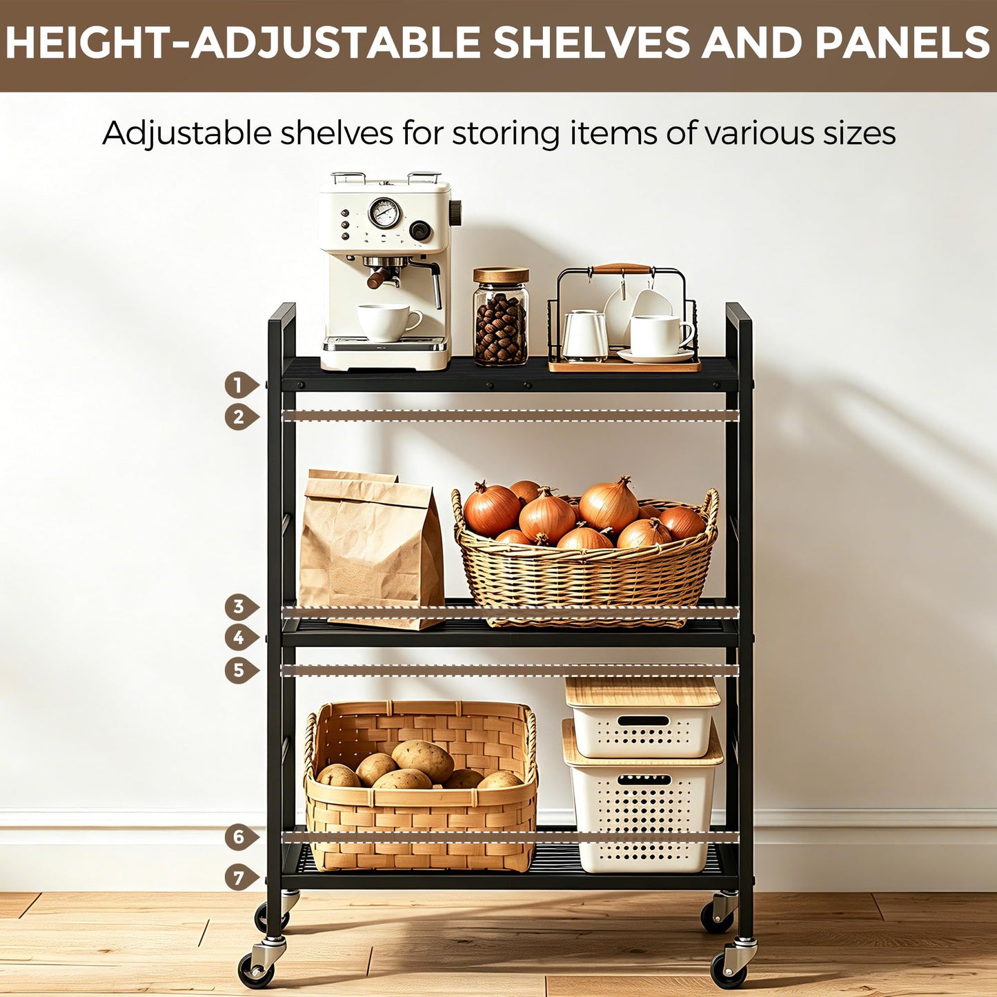 3-Tier kitchen trolley,Black Wood Top,60W×30Dcm,4 Hooks, Adjustable Shelves