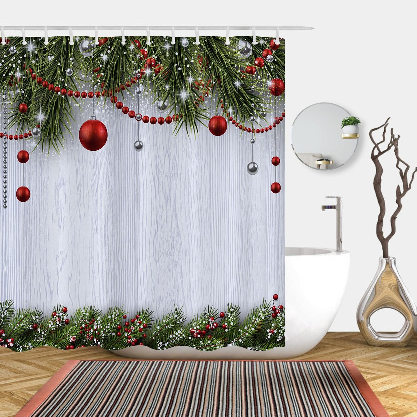 Abaysto Winter Christmas Rustic Wood Shower Curtains for Merry Xmas Bath Bathroom Snowflakes Snowy Pine Trees Home Decors Fabric Waterproof Shower