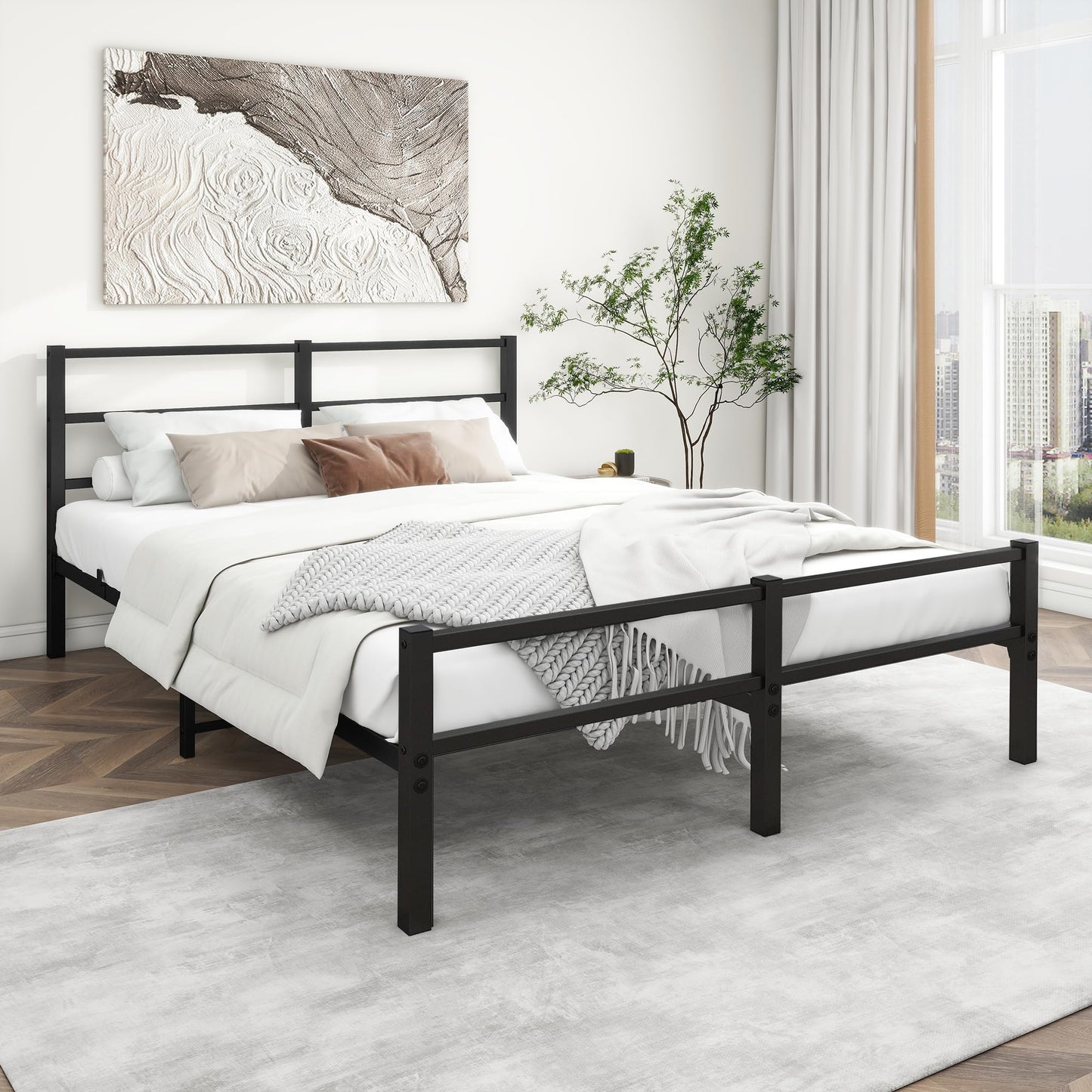 ARFARLY Metal Bed 140 x 200 cm Bed Frame with Headboard and Footboard, Adult Bed, Guest Bed, Double Bed, Black