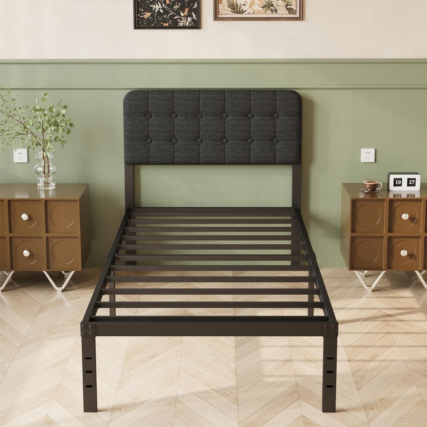 Lutown-Teen 2ft 6 Small Single Bed Frame with Black Upholstered Headboard