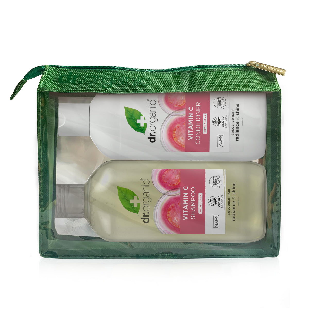 Dr Organic Vitamin C with Organic Guava Shampoo & Conditioner Set with Travel Bag, Coloured Hair, Natural, Vegan, Cruelty-Free, Paraben & SLS-Free,