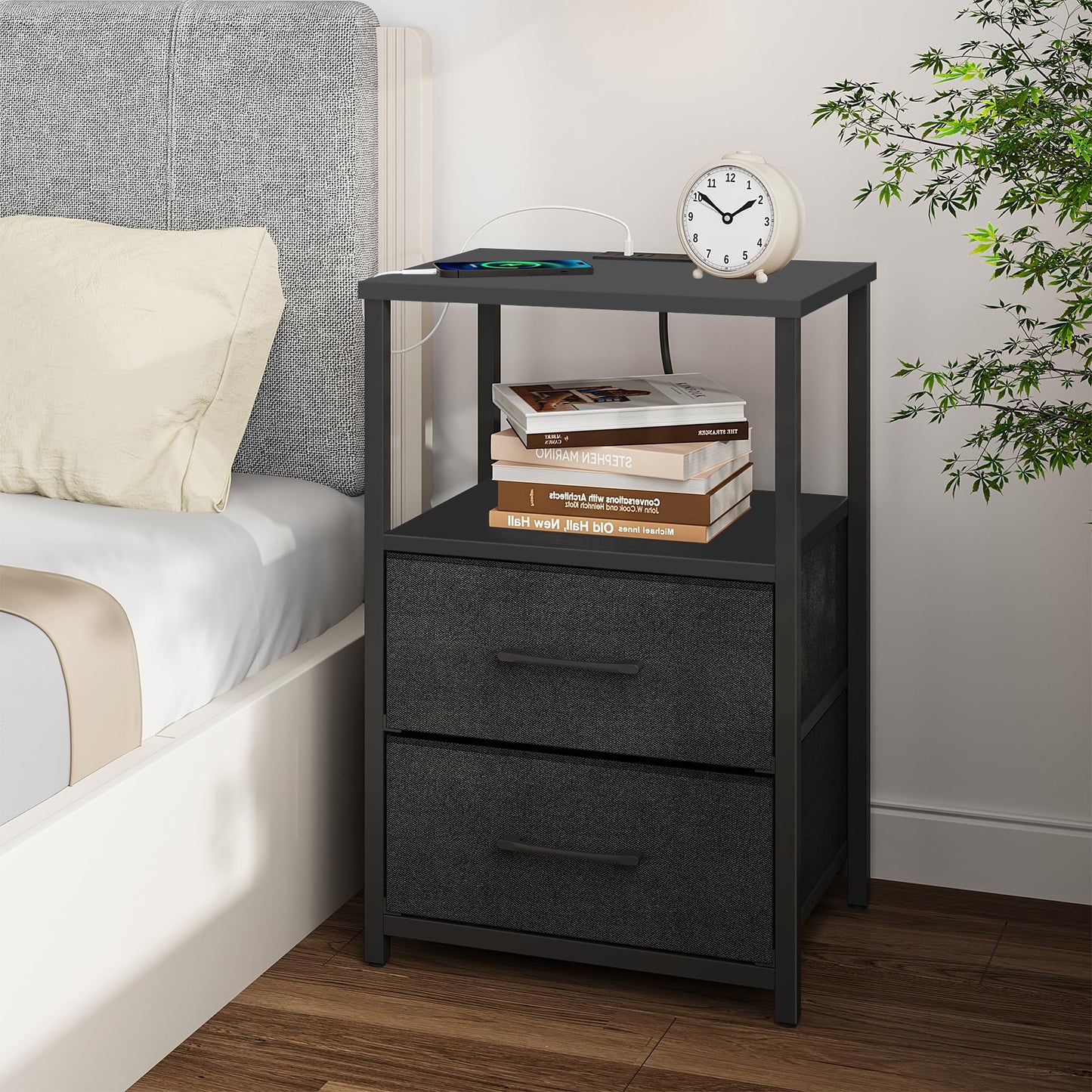 TUTOTAK Bedside Table with Charging Station, Side Table with 2 USB Ports and Outlets, Nightstand with Cloth Drawer, Set of 2, End Table