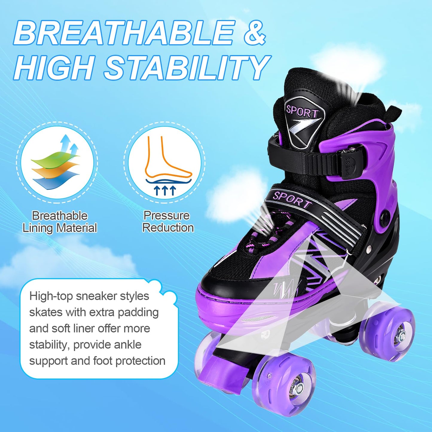Kids Girls Boys Roller Skates For Toddler Children Beginner, 4 Sizes Adjustable Kids Roller Skates with Light Up Wheels