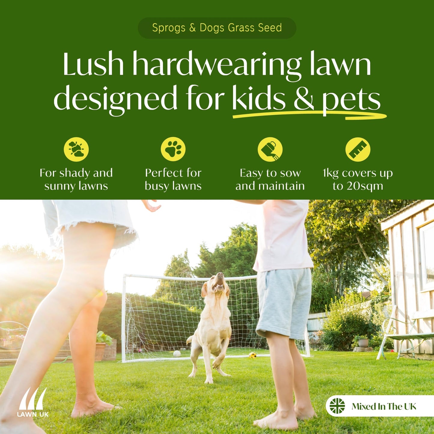 Sprogs & Dogs Ultra Hardwearing Grass Seed by Lawn UK - 5kg Up to 150sqm Coverage - Ultimate Tough Grass Seed for Family lawns - Fast Growing & Super