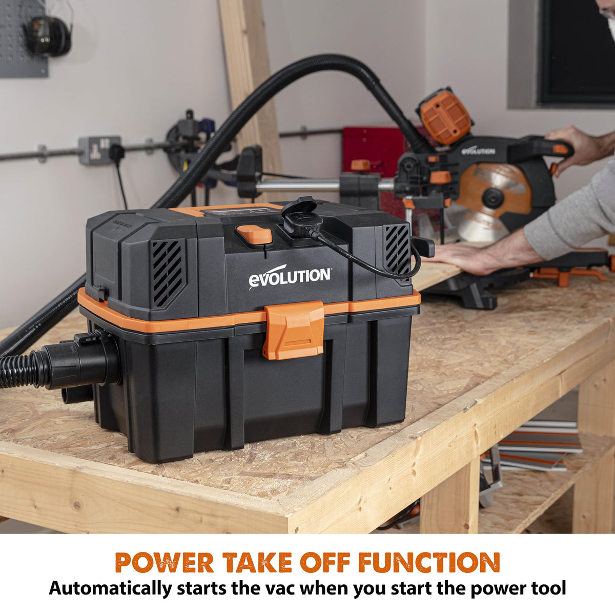 Evolution Power Tools R15VAC Vacuum Cleaner Wet and Dry Vac, Portable and Lightweight Ideal Dust Extractor for Saw Dust in Workshops, With Power