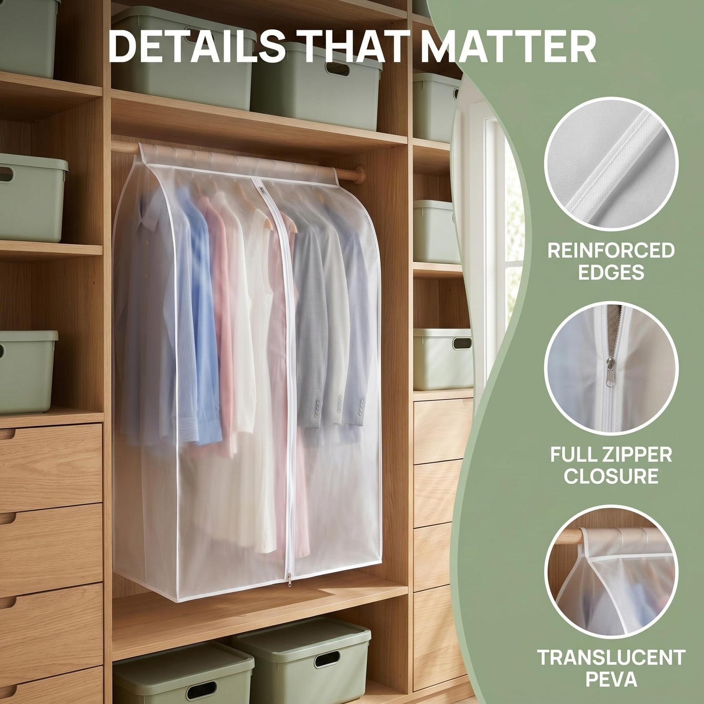 Garment Dust Cover, Thick PEVA Material, Full Zipper Design, Semi-Transparent Frosted, Transparent Wardrobe Hanging Storage Bag for Coats, Suits