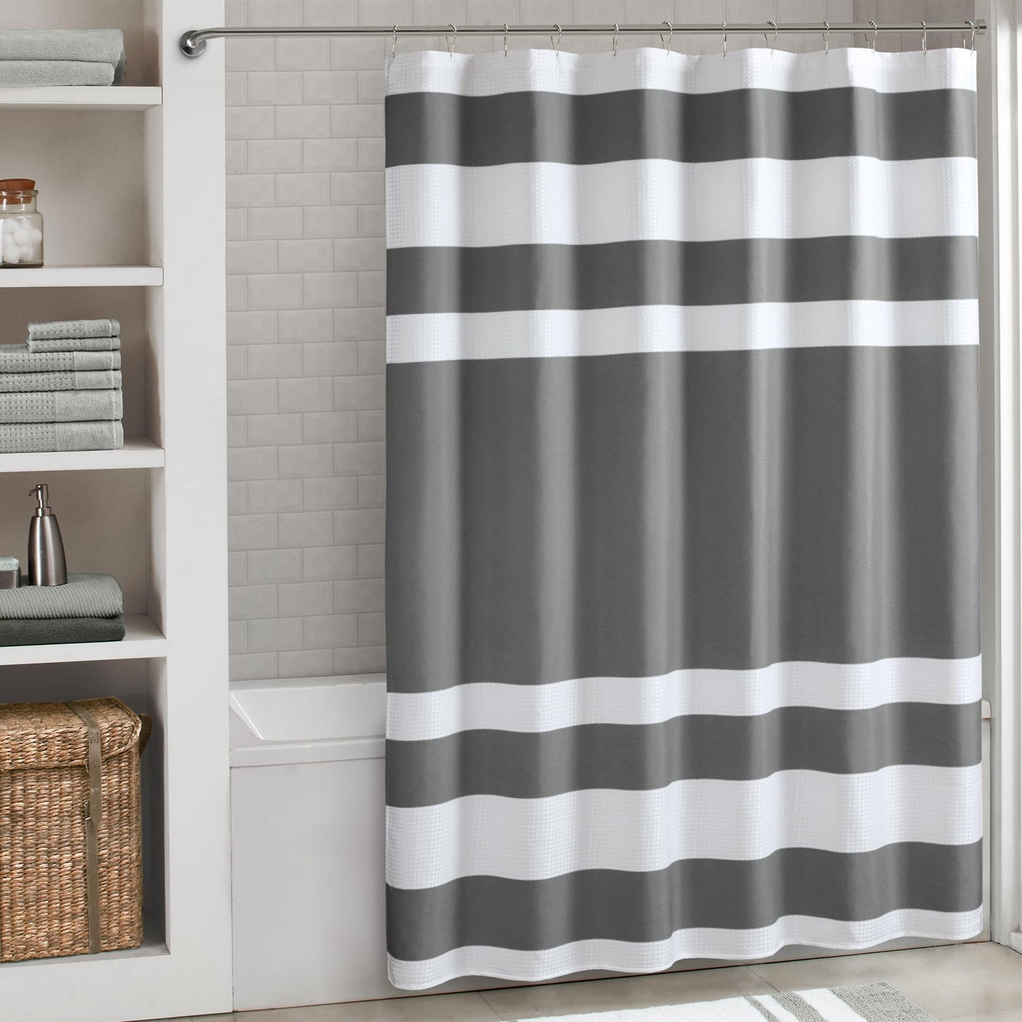 Madison Park Spa Waffle Fabric Shower Curtain Extra Long Spa Quality Bathroom Shower Curtain 72 x 84 Inch Height Charcoal