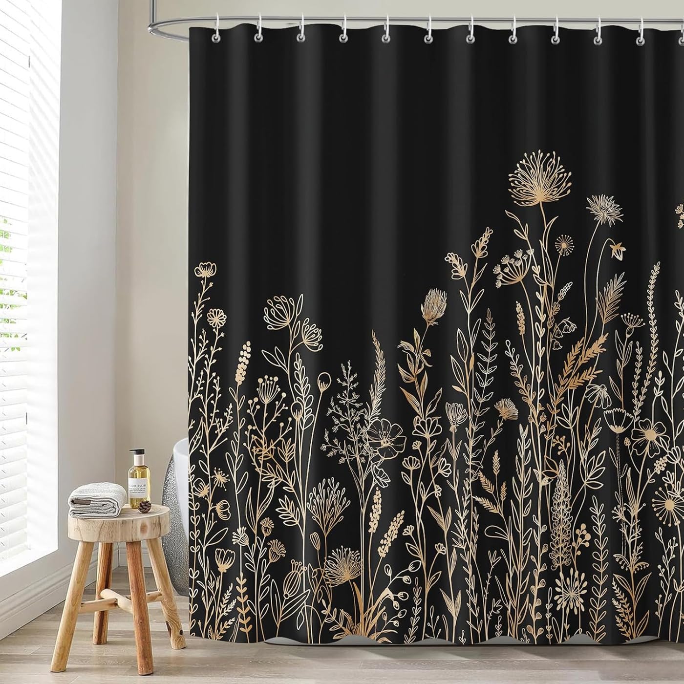 Dazzlewall Black Gold Floral Shower Curtain 180 x 180 cm, Boho Vintage Flowers Wildflowers Dark Botanical Herbs Rustic Bathroom Curtain, Waterproof