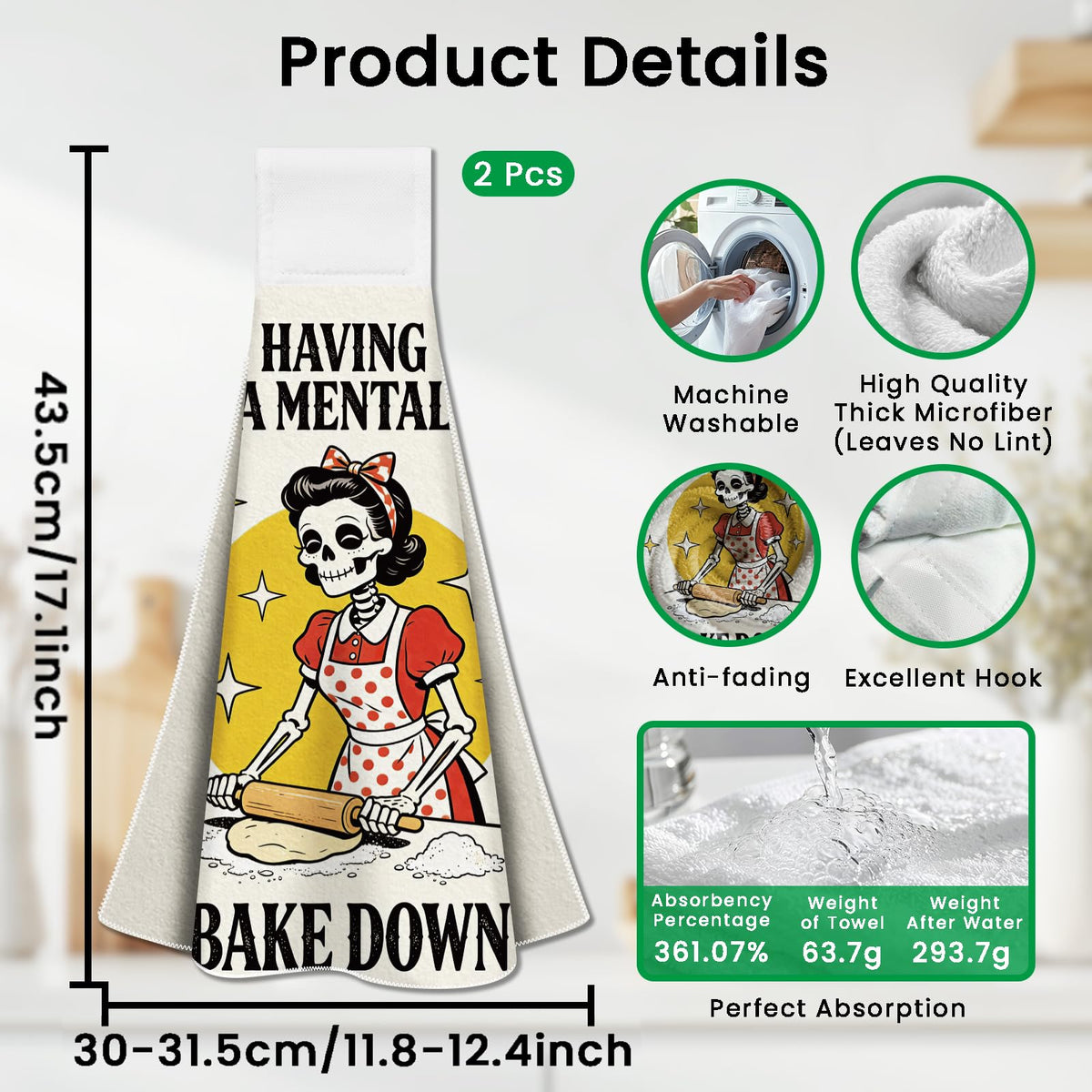 CUTHOLLOW 2 Pcs Fun Baking Skull Hanging Kitchen Towels with Loop