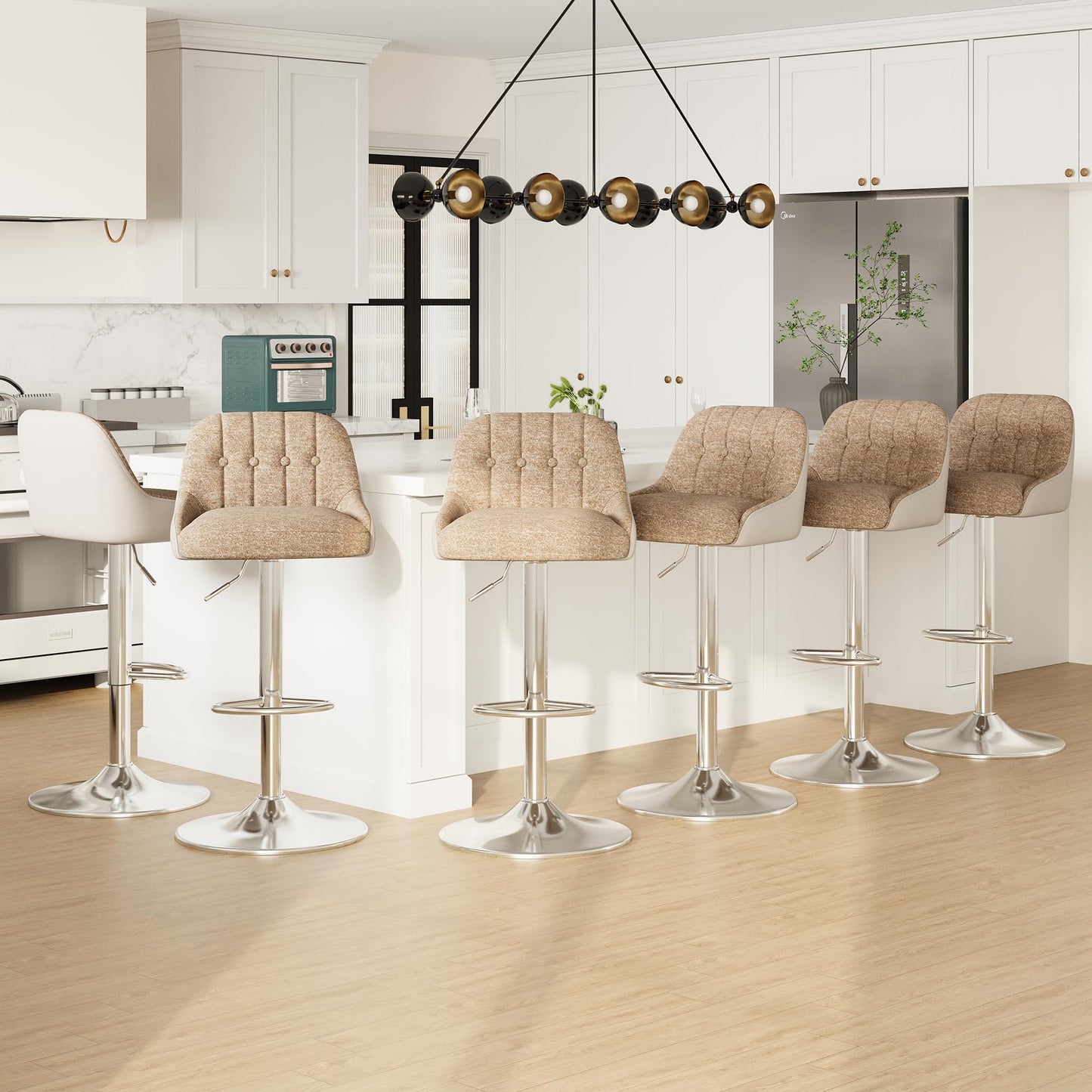 MALOL Adjustable Bar Stools Set of 6, Swivel Counter Stools with Backrest, Chenille & Faux Leather Upholstered Bar Chairs