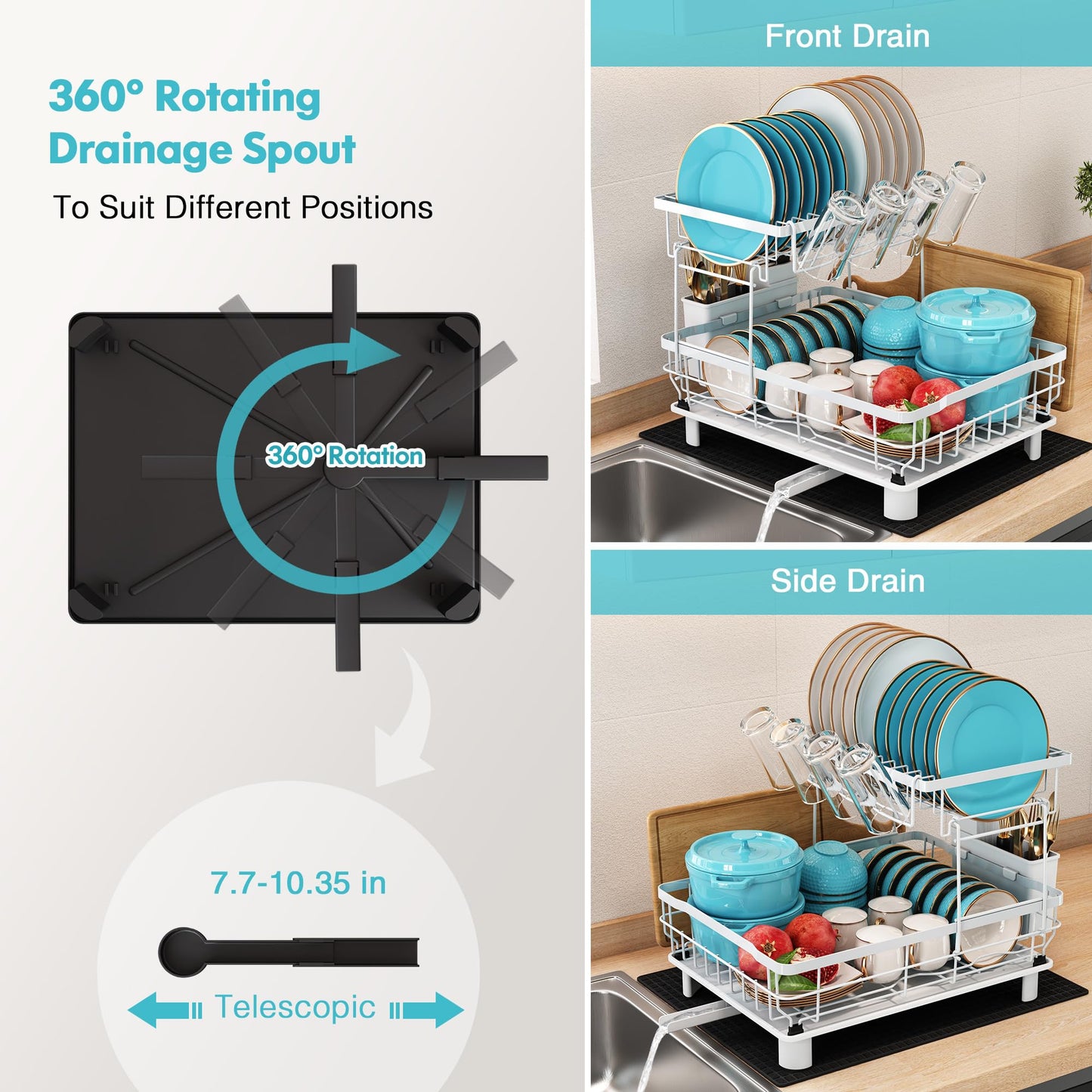 MAJALiS Dish Drying Rack, 2 Tier Dish Drainer Rack with Drip Tray and Drainer Mat, Stainless Steel Dish Rack with Utensil Holder, Swivel Spout,