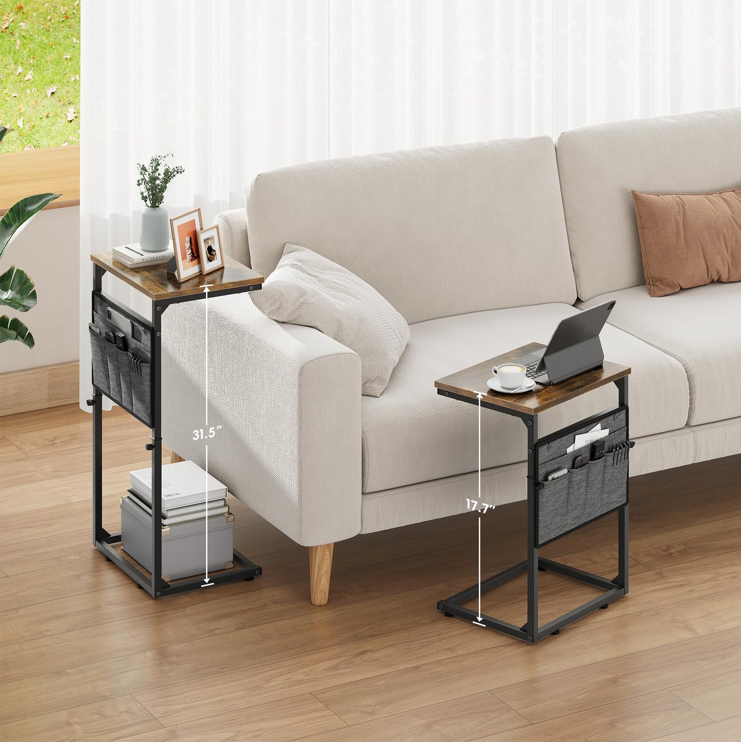 Vagusicc C-Shaped Side Table, Height Adjustable Sofa Side Table, Bedside Table with Cloth Storage Bag, C Table, End Table for Small Spaces