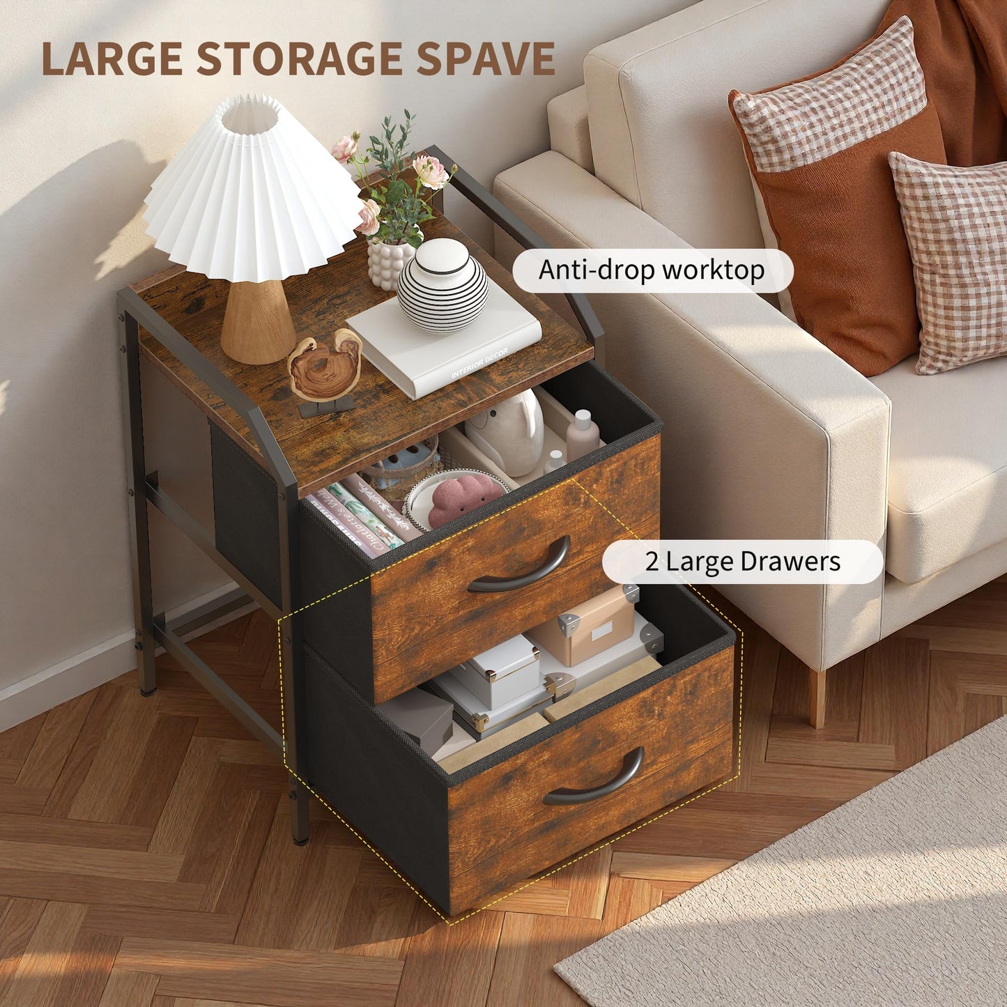 Feonase Bedside Tables Set of 2, Bedside Table with 2 Storage Fabric Drawers, Sturdy Metal Frame,Bed Side Table for Bedroom & Living Room Modern