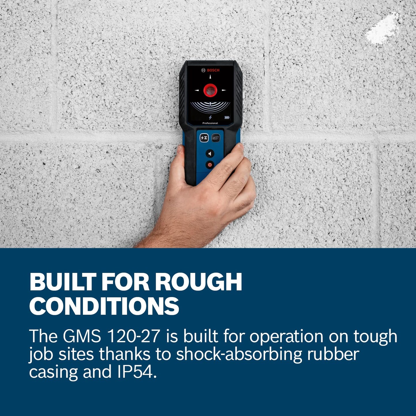 Bosch Professional Wall Scanner GMS 120-27 (2xAA Batteries, max. Detection Depth Non-Magnetic Metal/Magnetic Metal/Live-Wire/Wood: 120/100/50/30 mm,