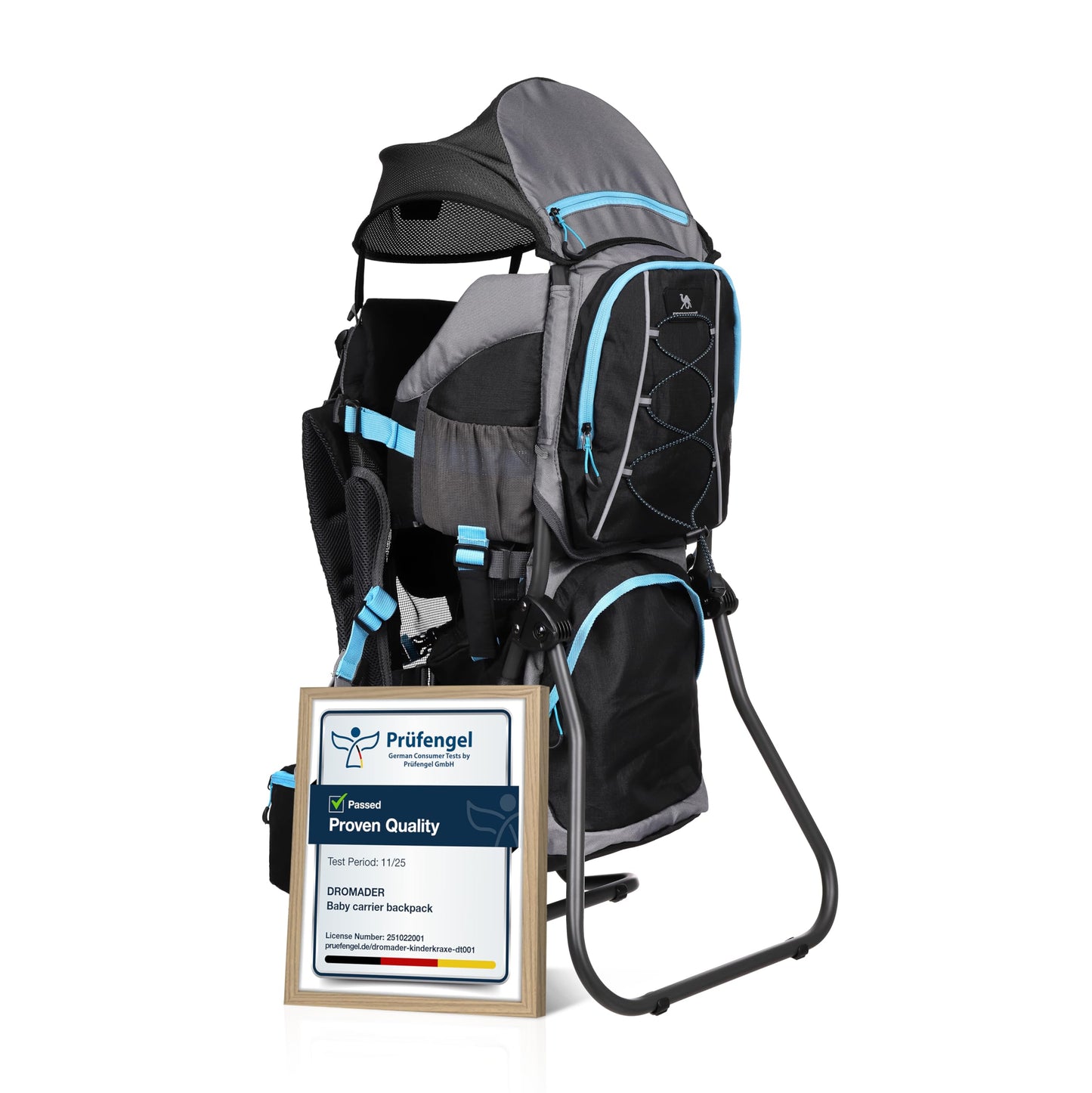 DROMADER Baby Carrier Backpack - Toddler Hiking Backpack with Sun Canopy, Rain Cover, Insulated Pouch, Changing Mat & One-Hand Foldable Frame ? Black