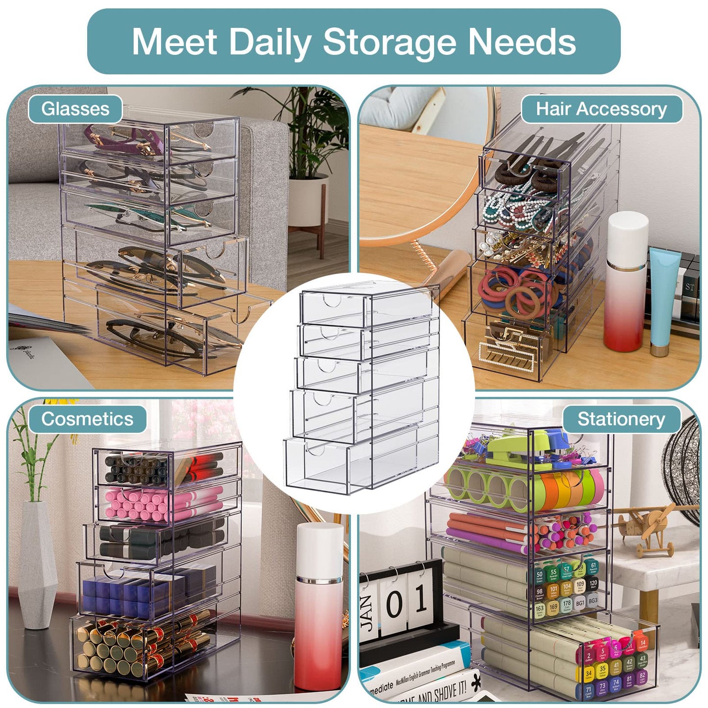 Noverlife Clear Containers for Hair Organizing - Plastic Hair Accessory Box with 5 Drawers