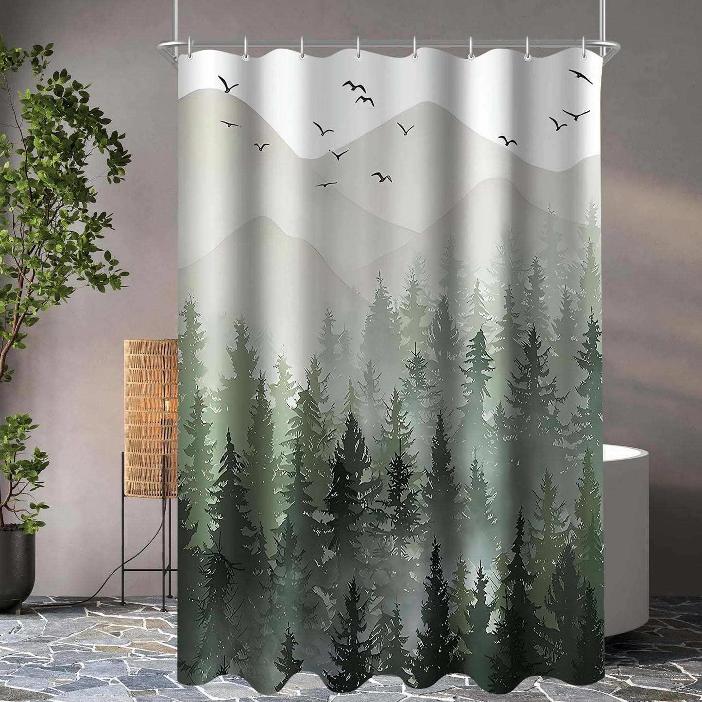 Lerores Shower Curtain, 150 x 200 cm, Forest Anti-Mould Textile, Weighted Hem Water-Repellent, Washable Polyester Fabric Bath Curtains with 8 Eyelets