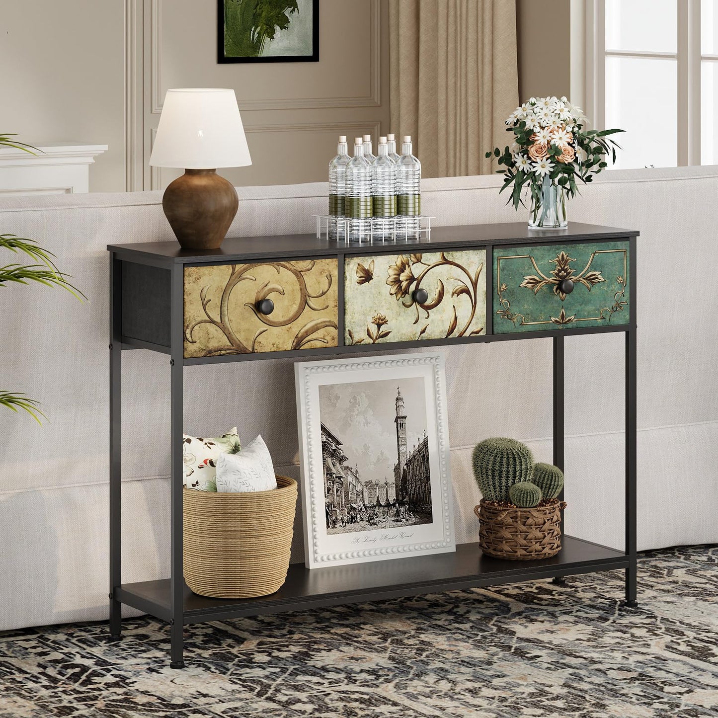VEDECASA Console Table for Entryway with 3 Drawers Slim Hallway Table with Storage Shelf Narrow Long Sofa Table for Hallway Couch Living Room Kitchen