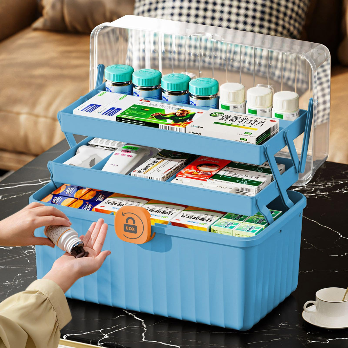 Gemsaya 3 Layer Medicine Storage Box, Large Medicine Storage Box Organiser with Handle, Portable Medical Boxes Storage with Lid, Blue Medication