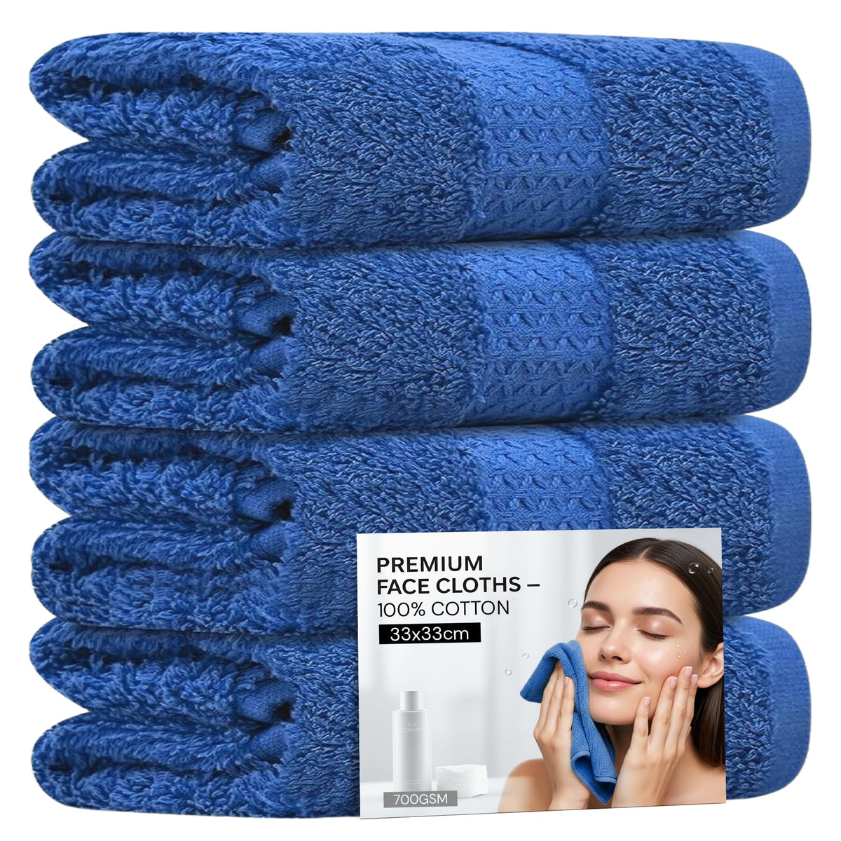 Towelogy? 4 Pack Face Cloths ? 100% Combed Cotton Flannels 33x33cm ? Soft Facial Towels for Cleansing, Makeup Removal & Skincare (4, Blue)