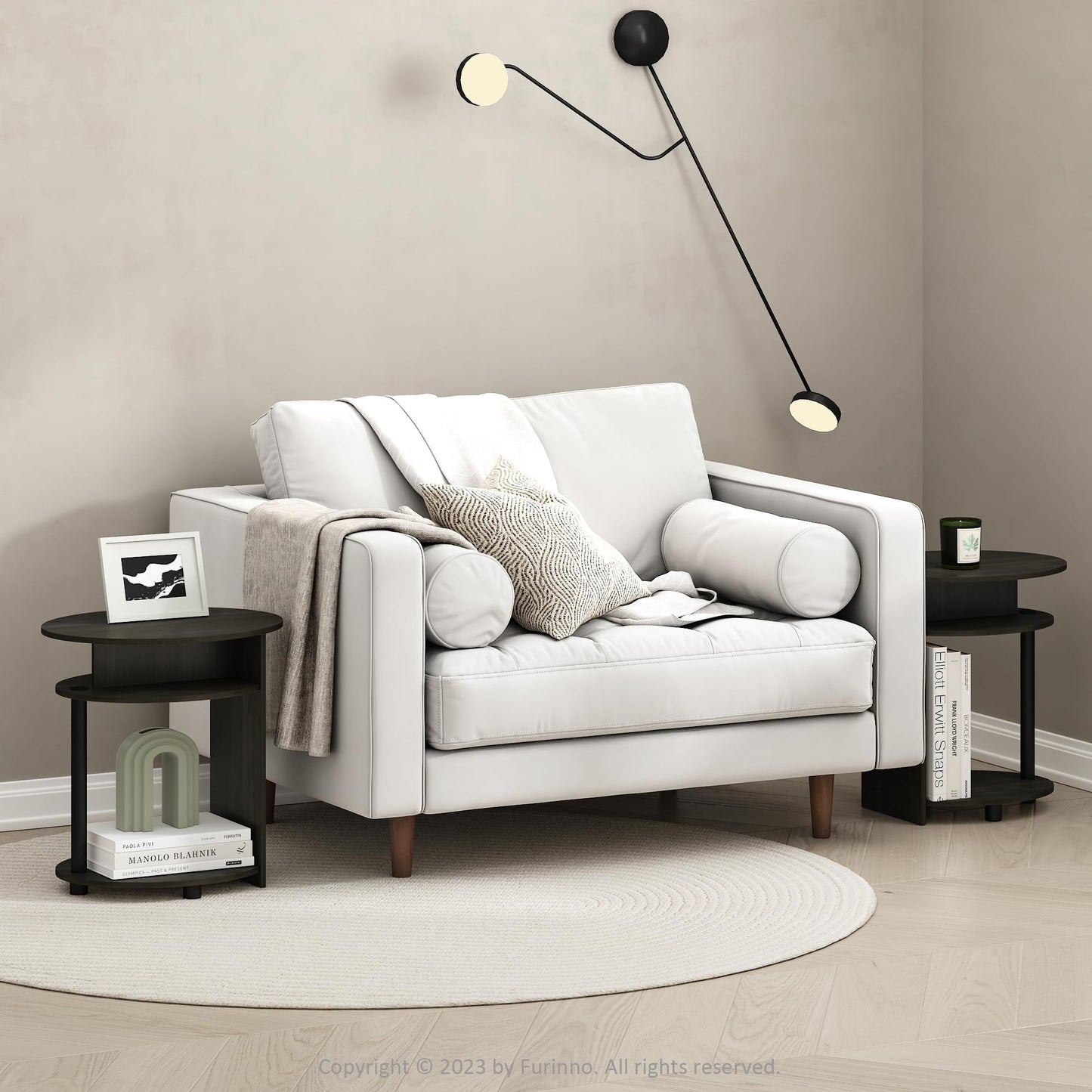 Furinno JAYA Side Table Set of 2, 3-Tier Round End Table with Oval Tabletop, Night Stand, Bedside Table with Open Shelf, for Living Room, Bedroom