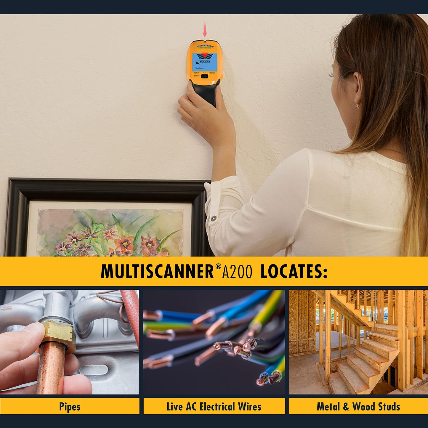 Zircon Multiscanner A200 Electronic Wall Scanner/Metal Detector/Live AC Wire Detection With SpotLite Pointer
