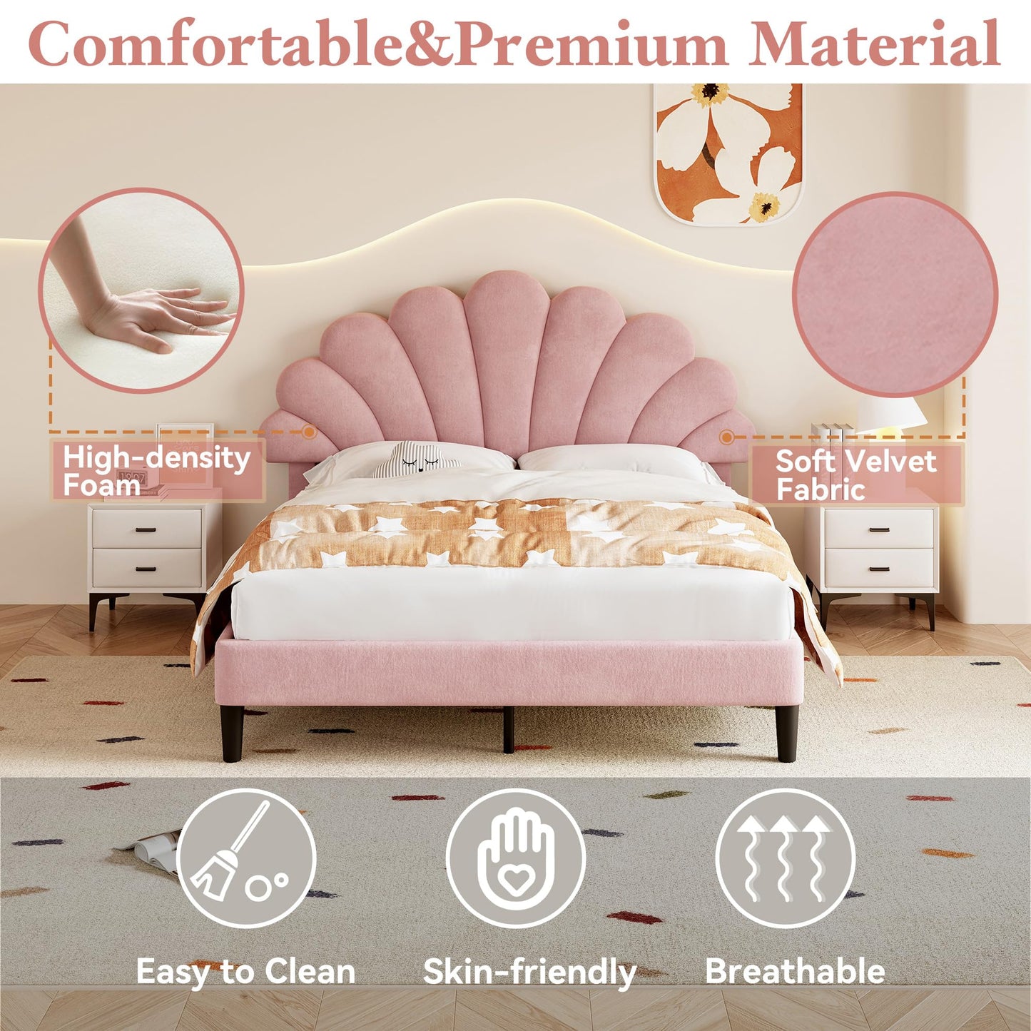 Ball & Cast Double bed frame, 4ft6 Double Upholstered Bed, Adjustable Chic Petal Headboard, Sturdy Wooden Slat Support, Velvet Fabric (No Mattress)