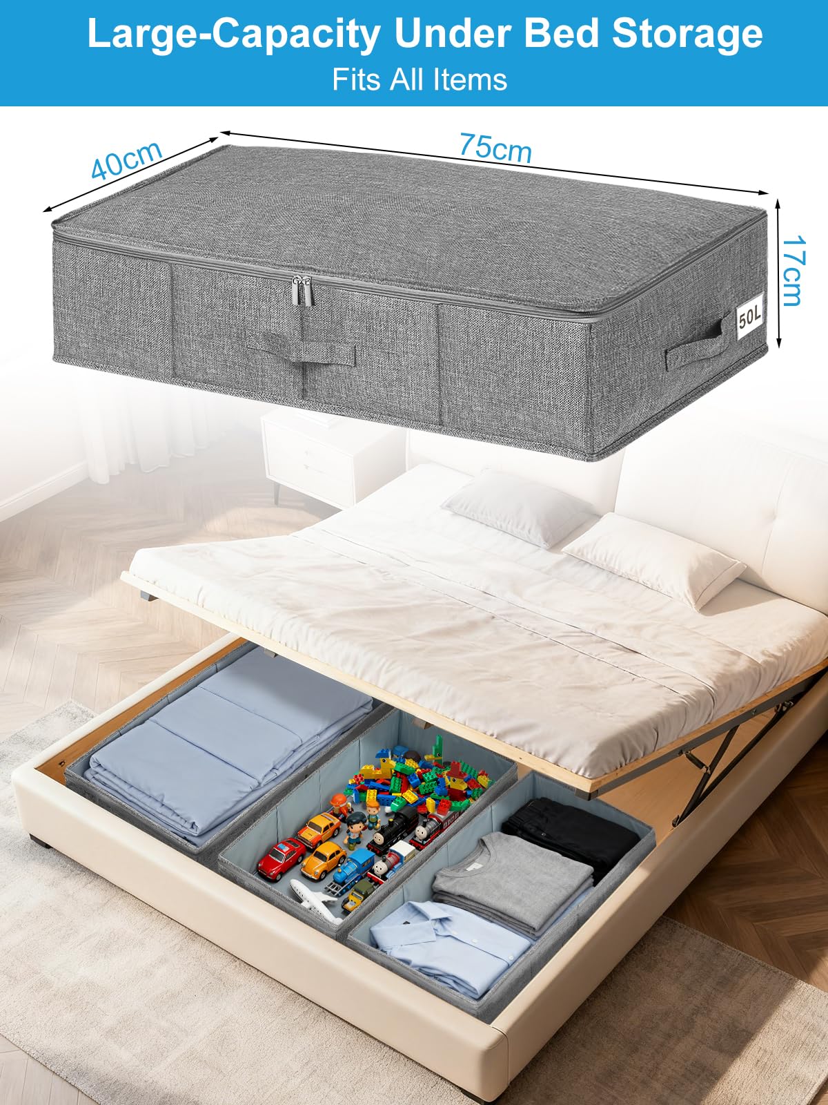 JUPELI 50L Under Bed Storage Boxes with Lids, 2 Pack, Grey