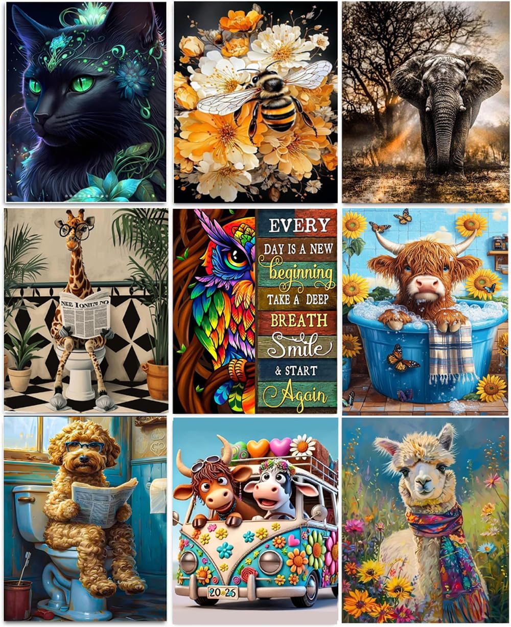 Mrnsiet 9 Pack Animals Diamond Painting Kits for Adults?5D DIY Cow Elephant Giraffe Diamond Art Kits for Beginners Round Full Drill Painting with