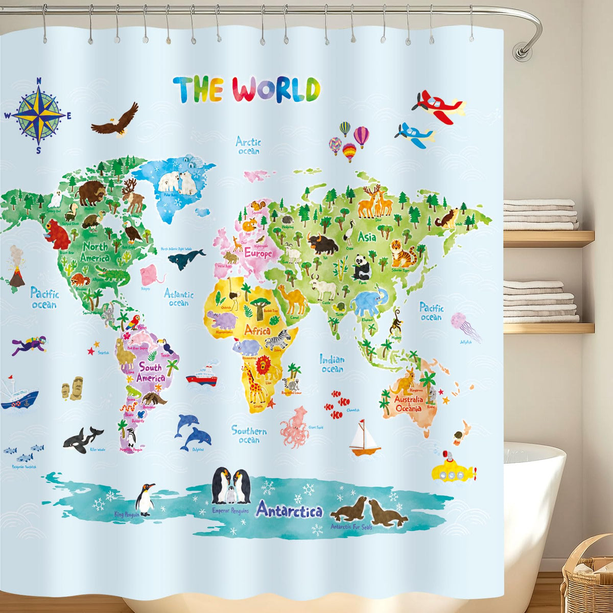 DECOWALL BSC-615 Kids Animal World Map Shower Curtain ? Waterproof, Machine Washable, Rust-Resistant Grommets ? Educational Bathroom Decor ?
